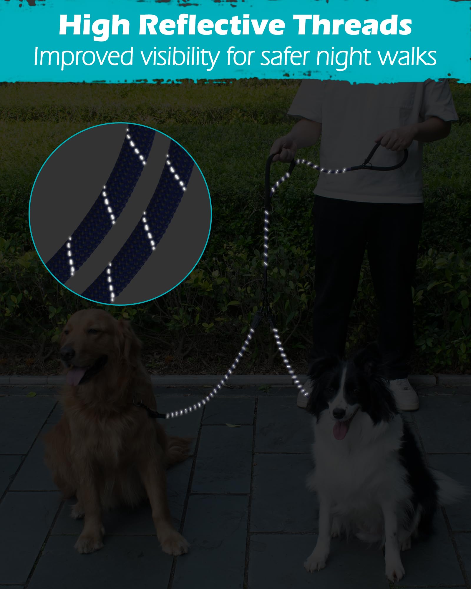 PetBonus Hundeleine Doppelleine für 2 Hunde, Keine Verwicklung Trainingsleine mit Zwei Gepolsterten Griffen, Reflektierend Nylon Doppelte Leinen für Große Mittlere Hunde 1,2×195 cm (Blau)