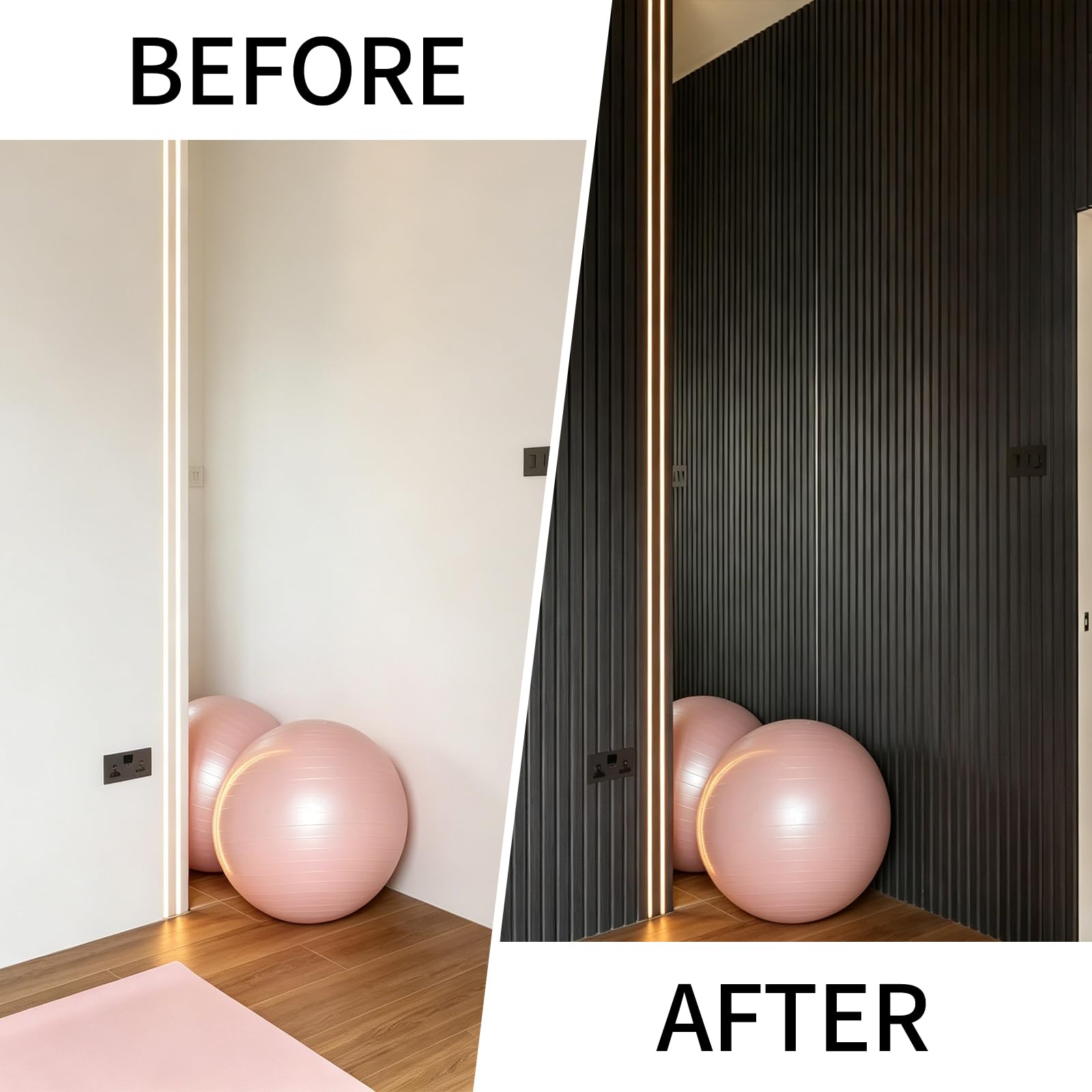 Paneles de pared estriados 3D para despegar y pegar, paneles de pared de espuma EVA con aspecto de madera para pared de TV, borde de listones autoadhesivo impermeable, rollo de 30 m (negro), 1