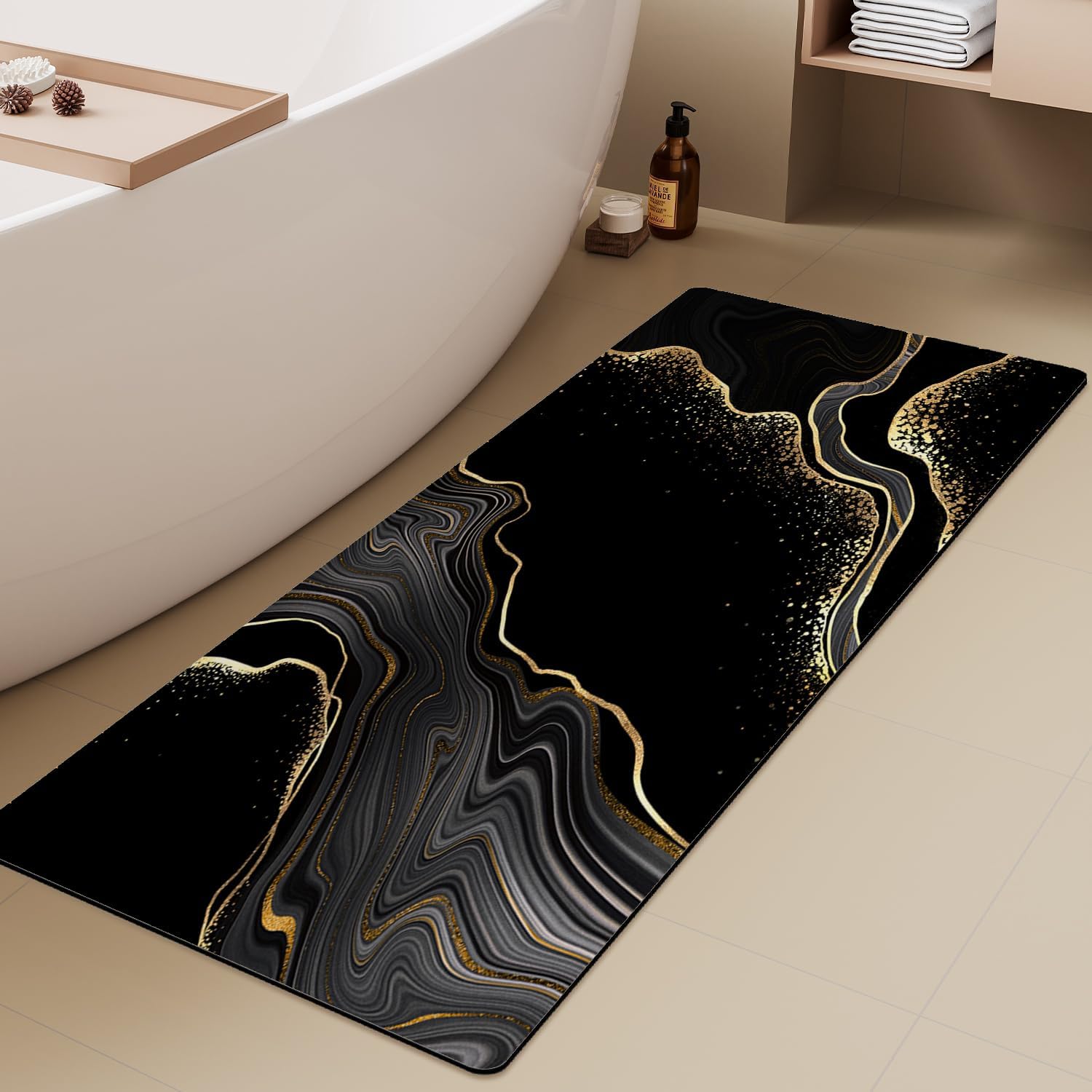 Extra Long Bath Rug, Black and Gold Marble Decor Non Slip Bath Runner Rug with Rubber Backing, Thin Absorbent Quick Dry Bath Mats for Bathtub Bathroom Kitchen, 15.7×47.2 inch Extra Long Bath Rug, Black and Gold Marble Decor Non Slip Bath Runner Rug with Rubber Backing, Thin Absorbent Quick Dry Bath Mats for Bathtub Bathroom Kitchen, 15.7×47.2 inch