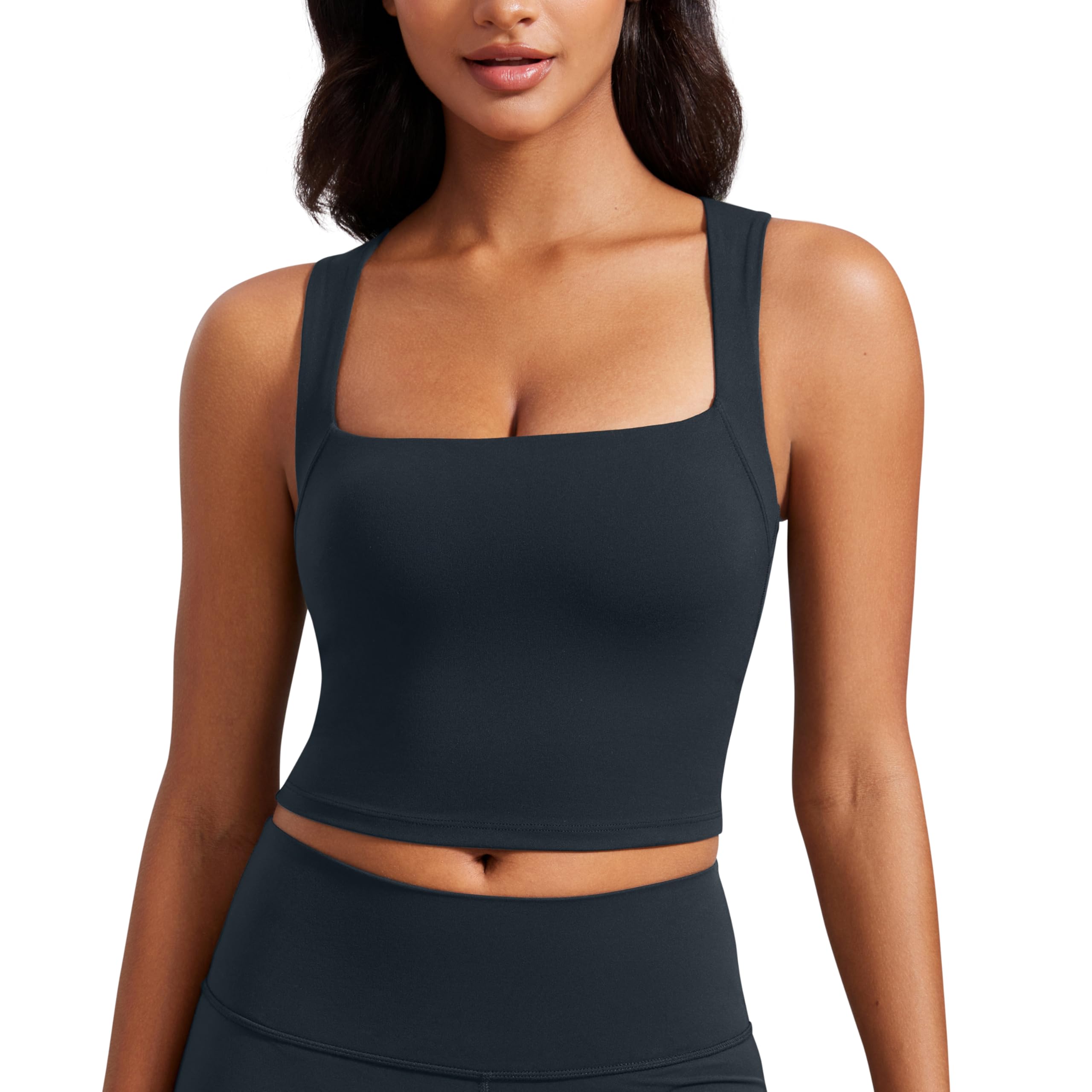 CRZ YOGA Women's Butterluxe Longline Square Neck Sports Bras Bralettes Yoga Outdoor Comfortable Bras with Built in Bra True Navy 16
