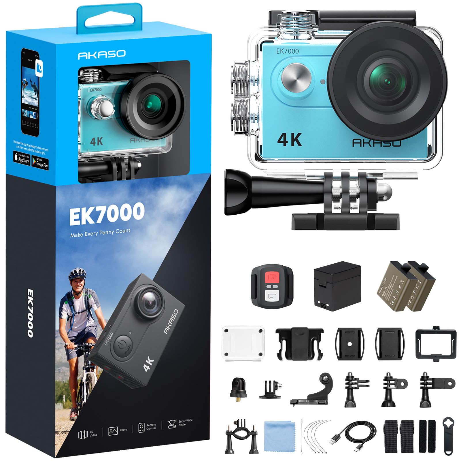 AKASO EK7000 Action Cam 4K 30FPS, WiFi 20MP Fotocamera Subacquea 30M, Videocamera Stabilizzata Caricabatterie con 2 Batterie Angolo di 170° Telecomando 2.4G e Kit Accesorios Multiples (Blu)