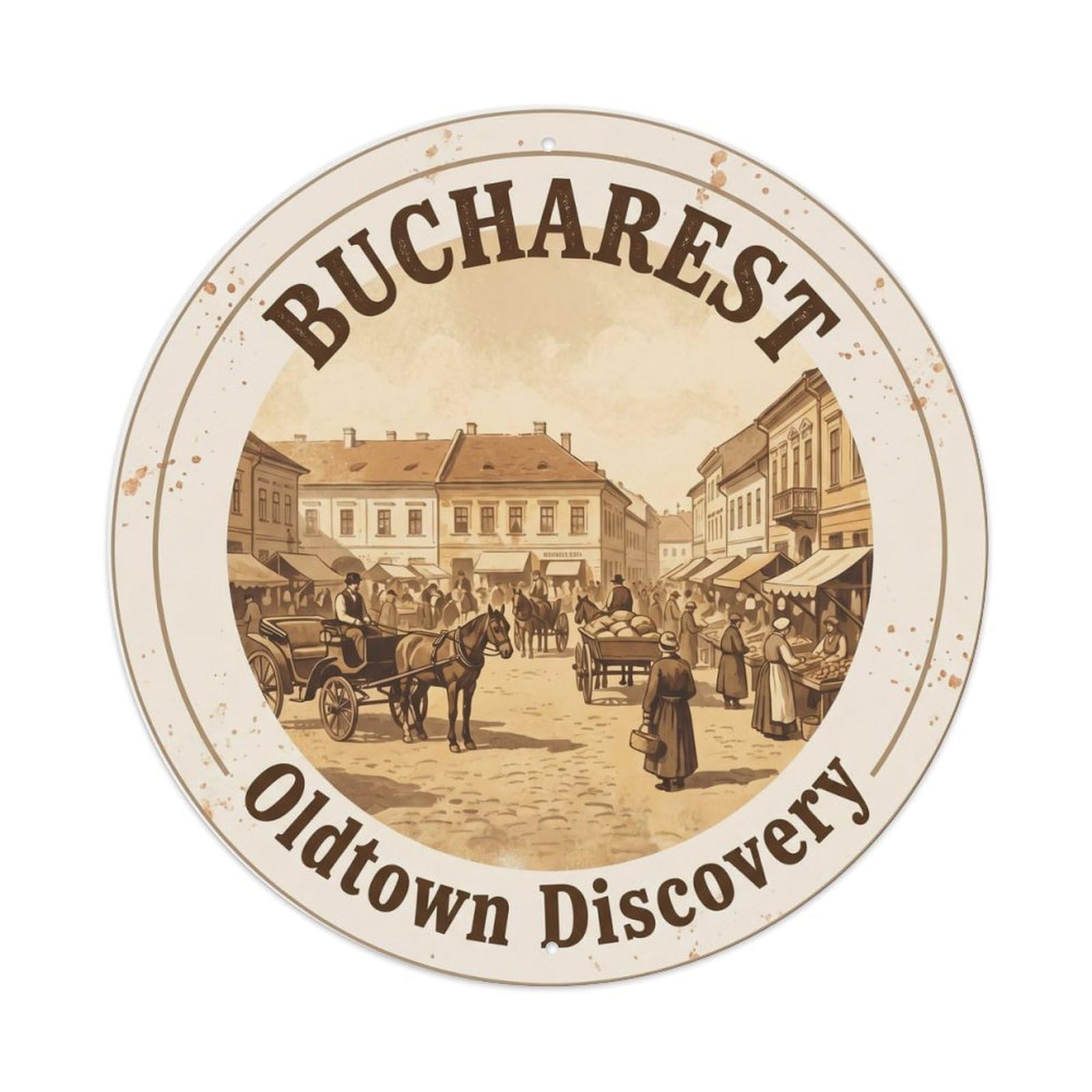 Vintage Travel Bucharest Oldtown Discovery Metal Tin Sign