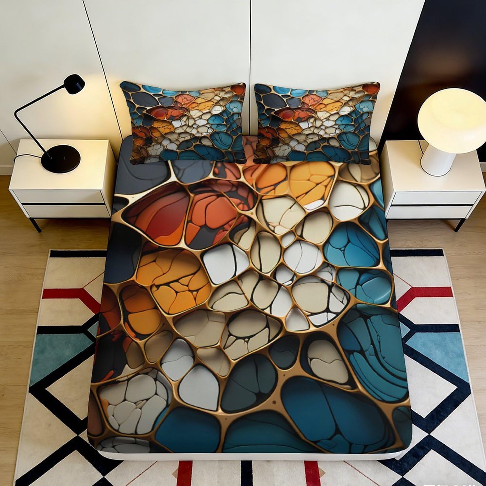 3D Printed Mosaic Abstract Fitted Sheet Microfiber Soft Breathable Geometric Stone Bed Cover for Bedroom Dorm Mattress Decor 90x200x25cm