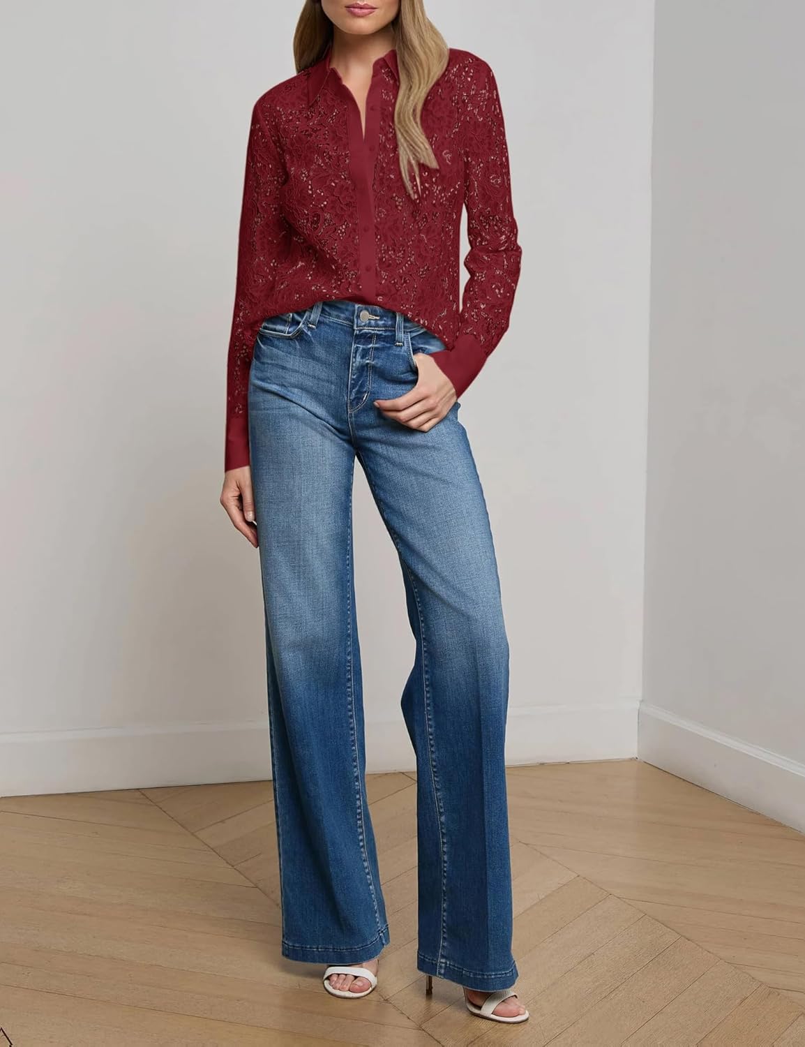 AIMCOO Lace Tops for Women Sheer Long Sleeve Blouses Dressy Casual Button Down Shirts Boho Floral Tops - Image 5