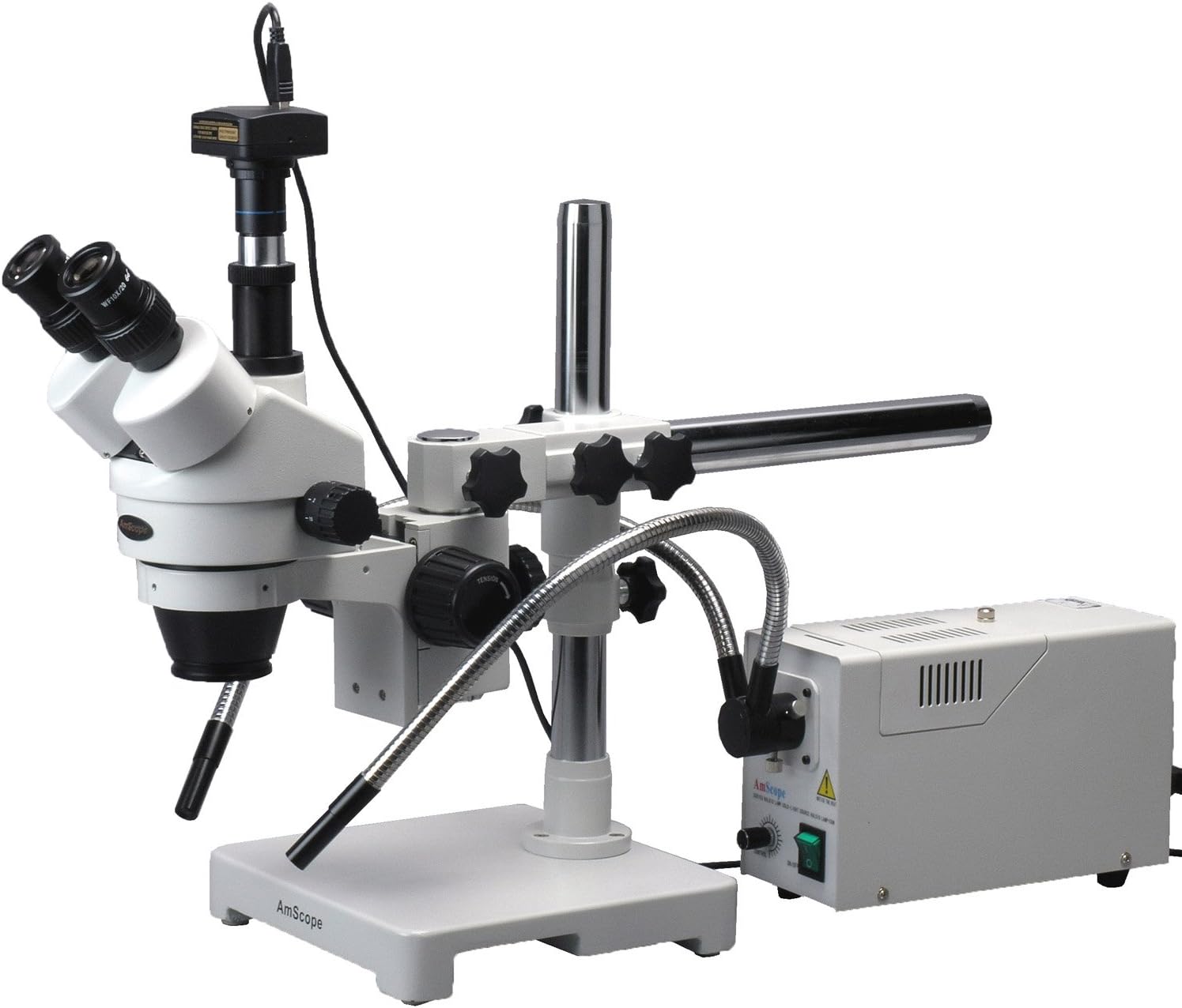 AmScope SM-3TZ-FODR-M Digital Professional Trinocular Stereo Zoom Microscope, WH10x Eyepieces, 3.5X-90X Magnification, 0.7X-4.5X Zoom Objective, Fiber Optic Dual-Gooseneck and Ring Light, Single-Arm Boom Stand, 110V-120V, Includes 0.5X and 2.0X Barlow Lenses and 1.3MP Camera with Reduction Lens and Software