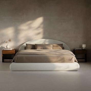 RECCI AirFrame Half-Moon Upholstered King Platform Bed Frame, Boucle Curved Arched Base with Headboard, 5 Inch Fully Round Cushioned Foam, No Box Spring Needed, Easy Assembly | Round Shaped