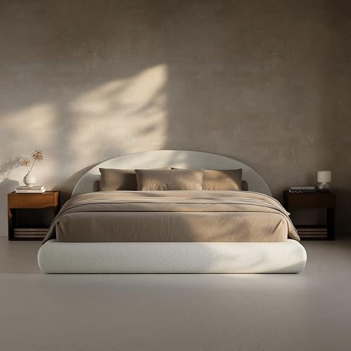 RECCI AirFrame Half-Moon Upholstered King Platform Bed Frame | Boucle Curved Arched Base, 6-Inch Thickness Headboard, 5 Inch Fully Round Cushioned Foam, No Box Spring Needed, Easy Assembly