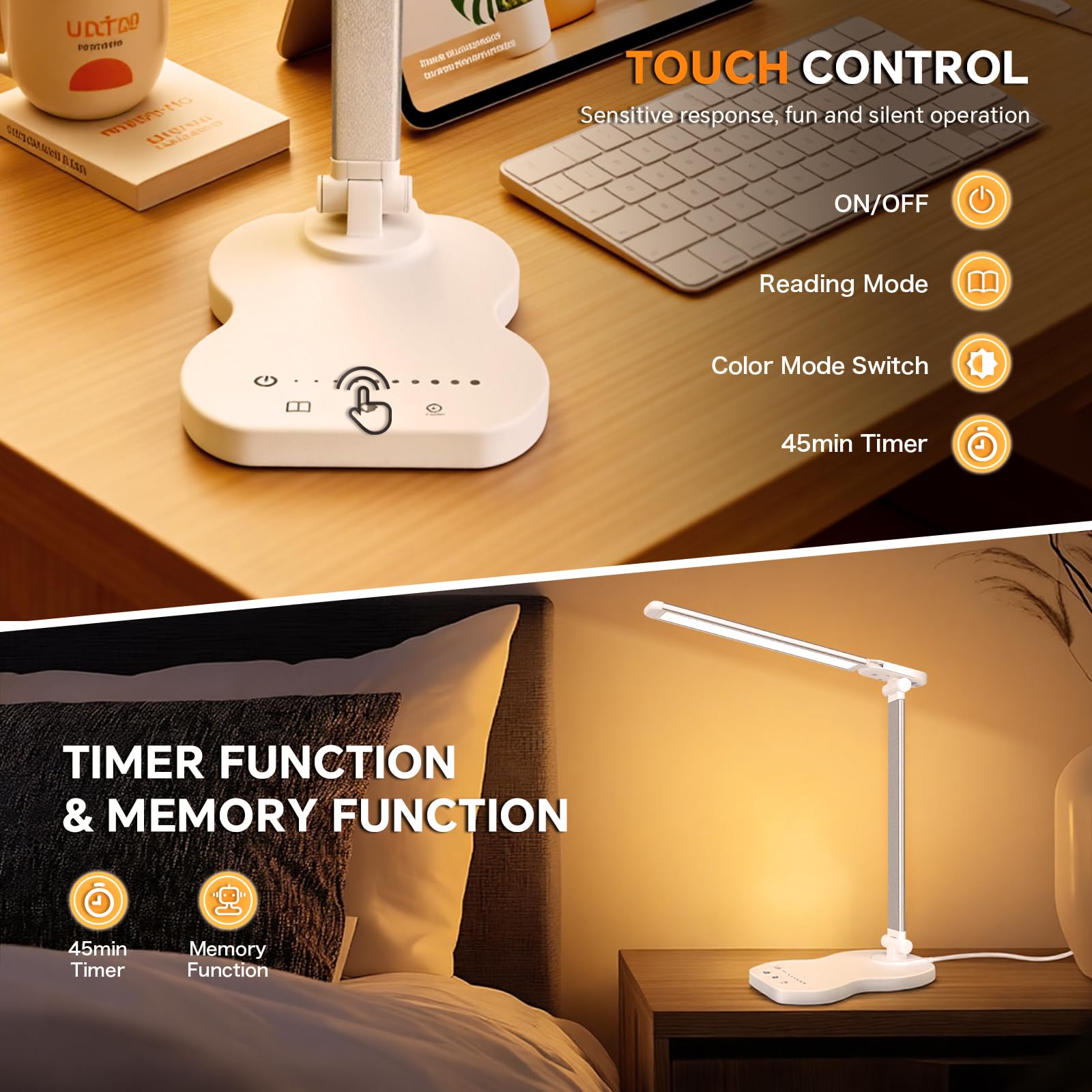 Lampe de Bureau LED, Dimmable Lampe de Chevet, 5 Modes de Couleur 10 Niveaux de Luminosité, Avec Fonction Minuterie, Contrôle Tactile, Port USB-C, Lampe de Lecture Protection des Yeux - Blanc
