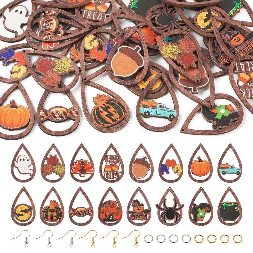32pcs Halloween Teardrop Wooden Earring Charms Big Hollow Wood Cutouts with Pumpkin & Ghost & Witch Printed for Necklace Keychain DIY Jewelry Craft Making