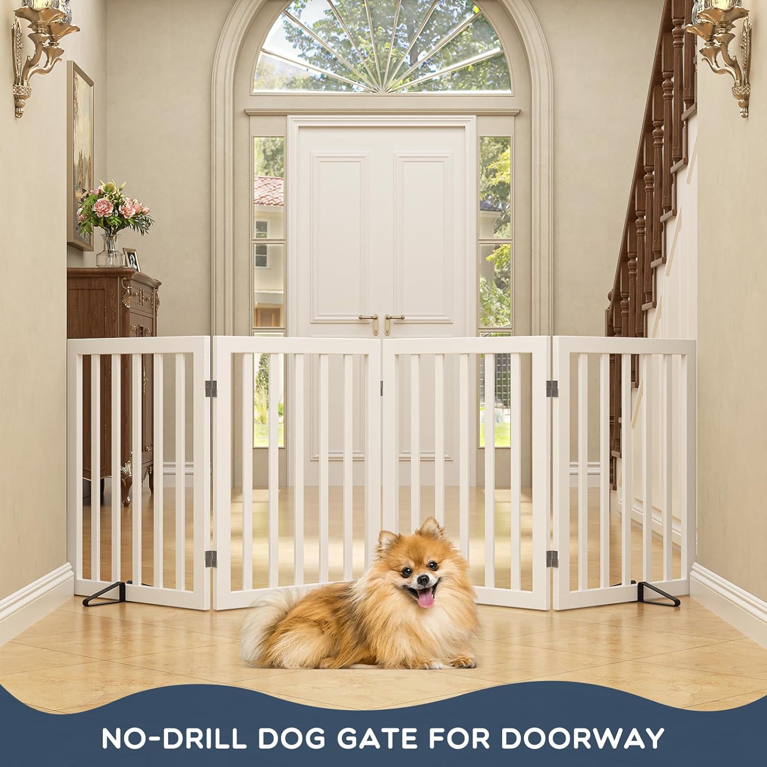 Homykic Bamboo Freestanding Dog Gate, No Assembly Pet Gate Indoor, 24”H x 75”W Extra Wide Foldable Puppy Barrier Fence with Support Feet for the House, Doorways Stairs, 4 Panels, No Drilling