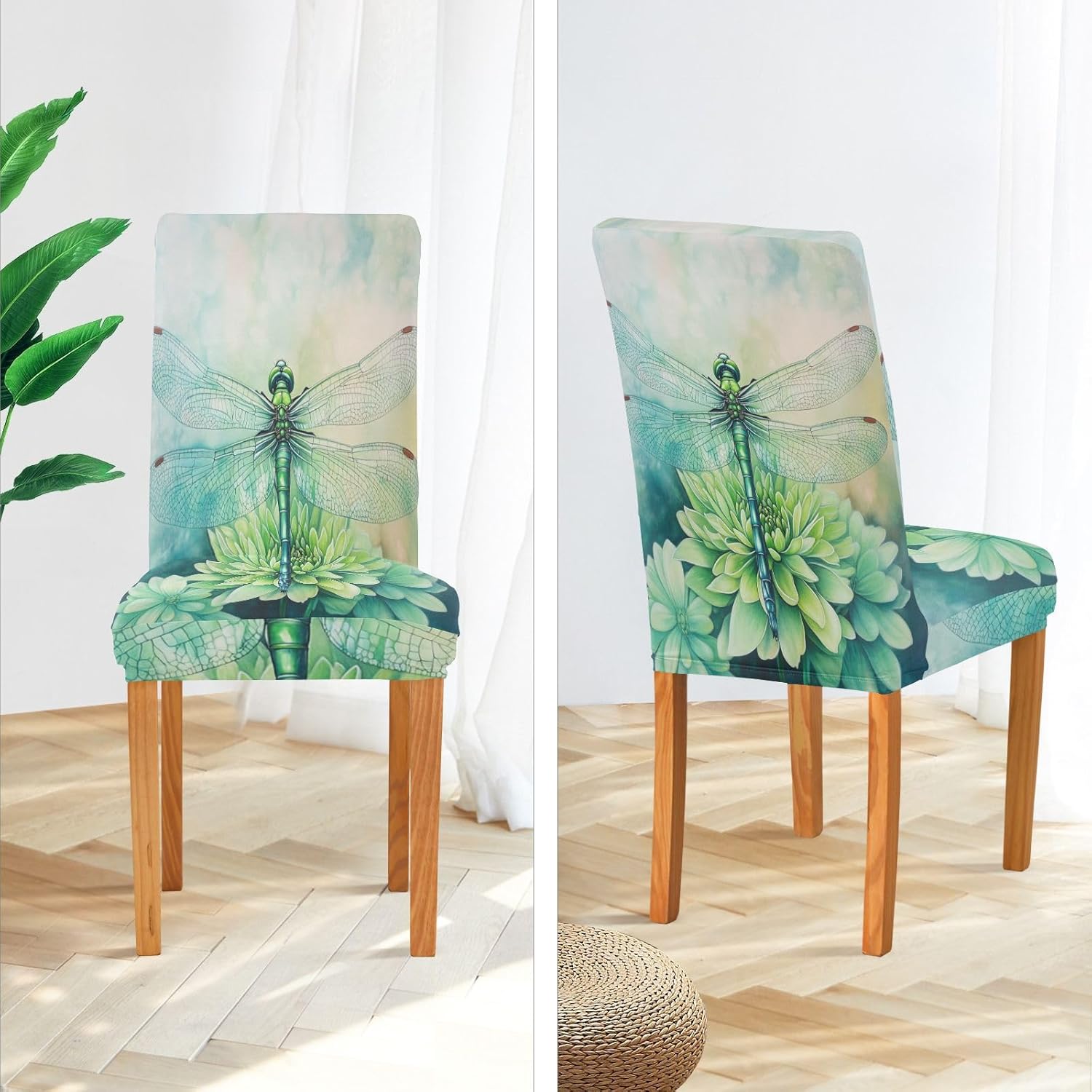 ALAZA Chair Covers for Dining Room, Green Dragonfly Flowers Art Stretch Chair Cover Sets Chair Protector Removable Washable for Ktichen Restaurant Hotel