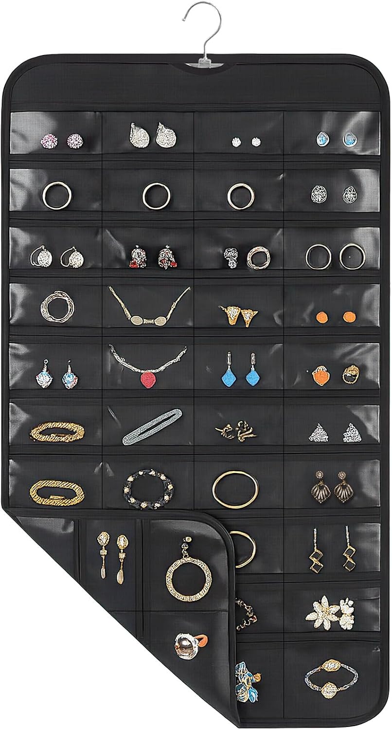 1 Pack Hanging Jewelry Organizer, 80 Clear Pockets Earring Storage