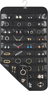 1 Pack Hanging Jewelry Organizer, 80 Clear Pockets earring organizer and storage, Accessories holder organizer for Closet, Jewelries, Necklace, Travel
