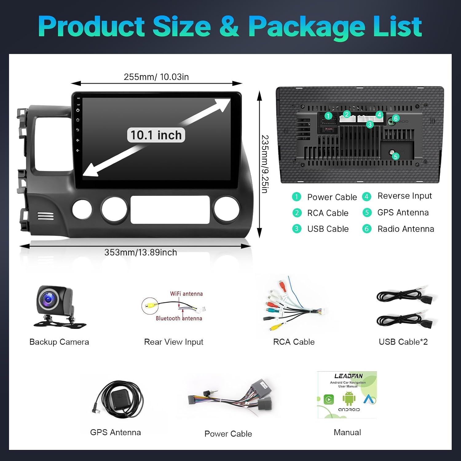 Upgrades Stereo for Honda Civic 2006-2011 Radio Wireless Apple Carplay Android Auto Leadfan 10.1" IPS Touchscreen for Honda Civic Radio Android Headunit Display GPS WiFi FM Mirrorlink Rear Camera SWC