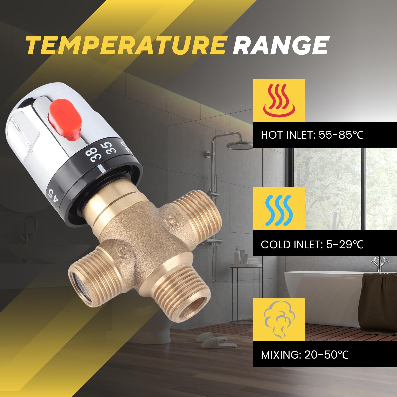 Thermostat Chauffe Eau Mélangeur Mitigeur Thermostatique en Laiton G1/2" 15 mm Avec Limiteur de Température 38-42°C Pour Salle de Bain Douche Lavabo Sécurité Anti-Brûlure