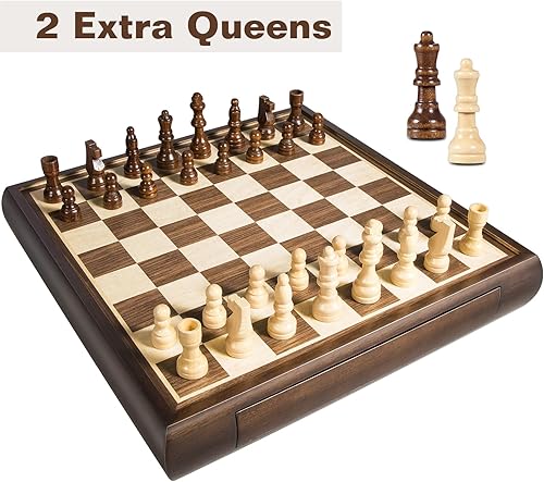 Miniatura 6 de Juego de ajedrez magnético 2 en 1 y damas chinas juego de mesa de madera de 13 pulgadas con cajón de almacenamiento y 60 canicas de vidrio + 12