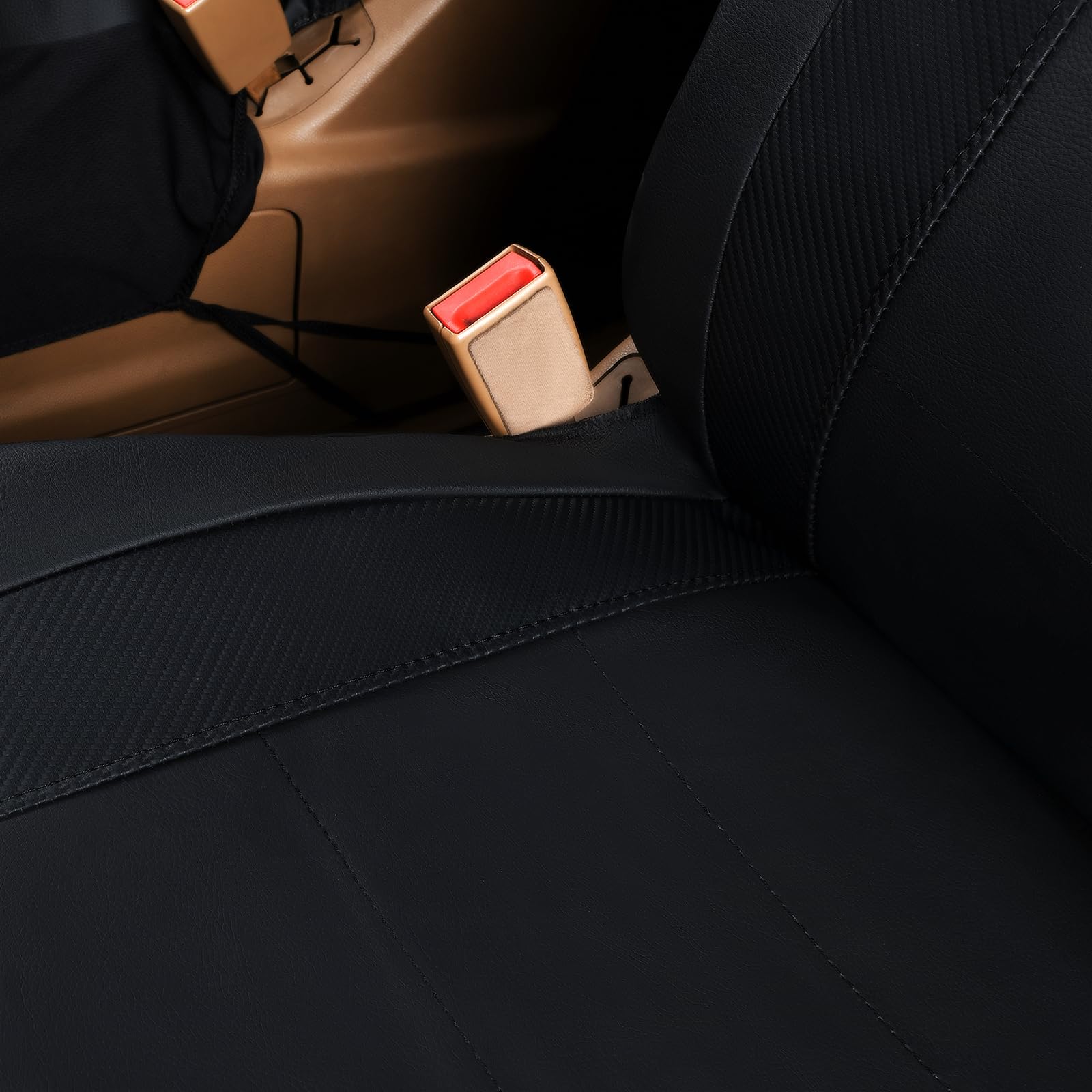 Flying Banner car seat Covers Quality Carbon Fiber Air Mesh Fabric Sport Low High Back Bucket Back Pocket Arm Rest (2 Fronts-Low Bucket-Built-in Seatbelt Compatible, Black - Faux Leather)