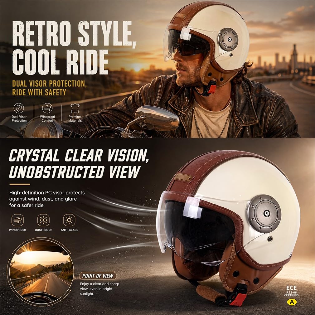 Retro 3/4 otwarty kask motocyklowy, ECE 22.06, lekka powłoka ABS, detale ze skóry PU, wyjmowana wyściółka wewnętrzna, z osłoną twarzy, unisex, do miejskich i wiejskich dróg, M-L (57-60 cm)