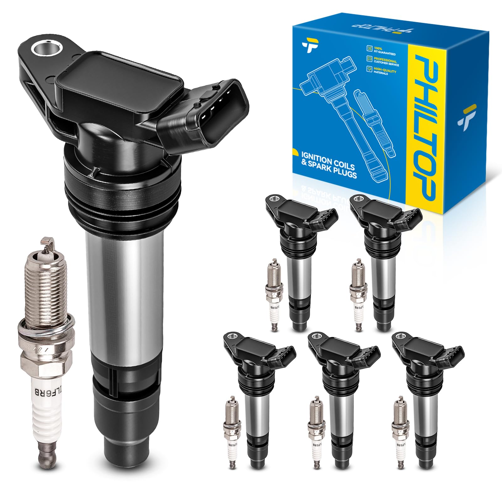 PHILTOP Set of 6 Ignition Coil Pack and Iridium Spark Plugs Fits for 2008-2012 LR2,2007-2014 XC90 3.2L,2007-2015 S80,2008-2010 V70,2008-2015 XC70,2010-2016 XC60,2011-2016 S60 3.0L,2015-2016 V60 3.0L