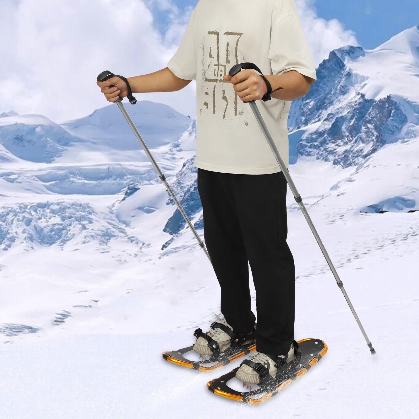 25 Inch Snowshoes & Trekking Poles Bundle with Adjustable Binding, Carry Bag for Men, Women, and Youth, Durable All Terrain Light Weight Snowshoes (Grey+Gold+Black)