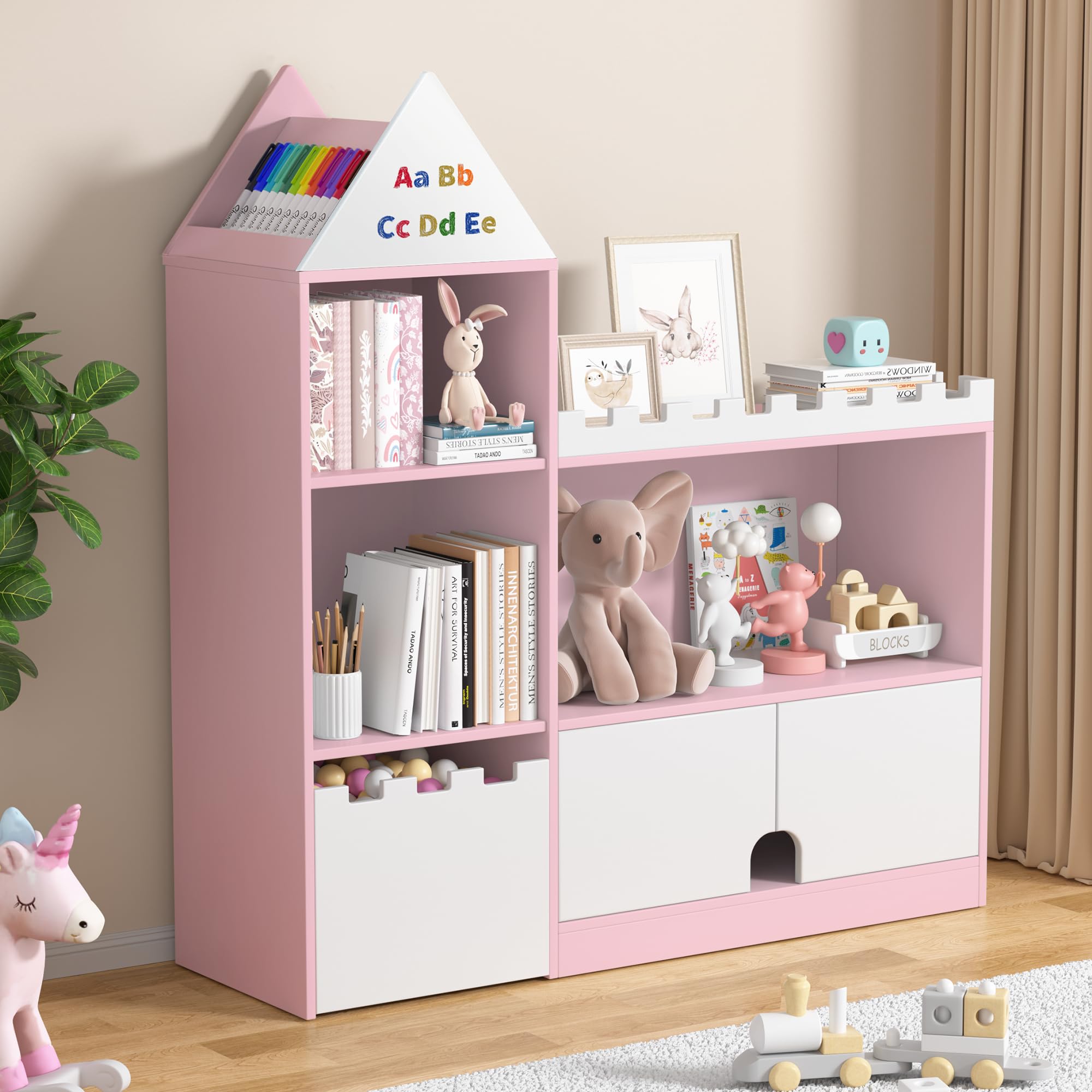 Toy Storage Organizer, Wood Kids Castle Bookshelf, 6 Cubby Children Bookcase, Montessori Book Shelf for Nursery, Playroom, Living Room [Size: 39.4" L* 11.8" W * 39.4" H] Pink