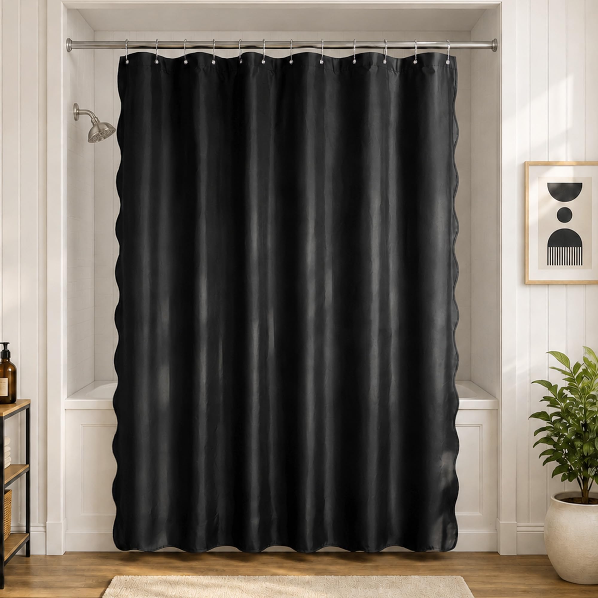 N&amp;Y HOME Fabric Shower Curtain or Liner Black with Black Scalloped Edge