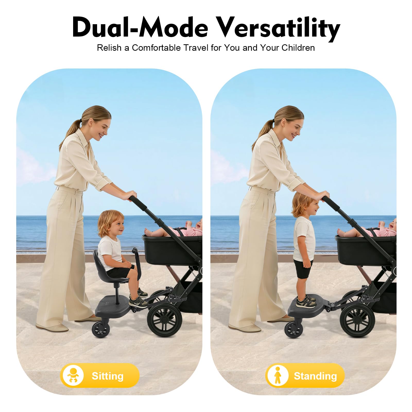 Pedana universale per passeggino, con sedile 2 in 1, portata 50 kg, per passeggino 2-6 anni, ruote girevoli a 360° con sospensioni, superficie antiscivolo
