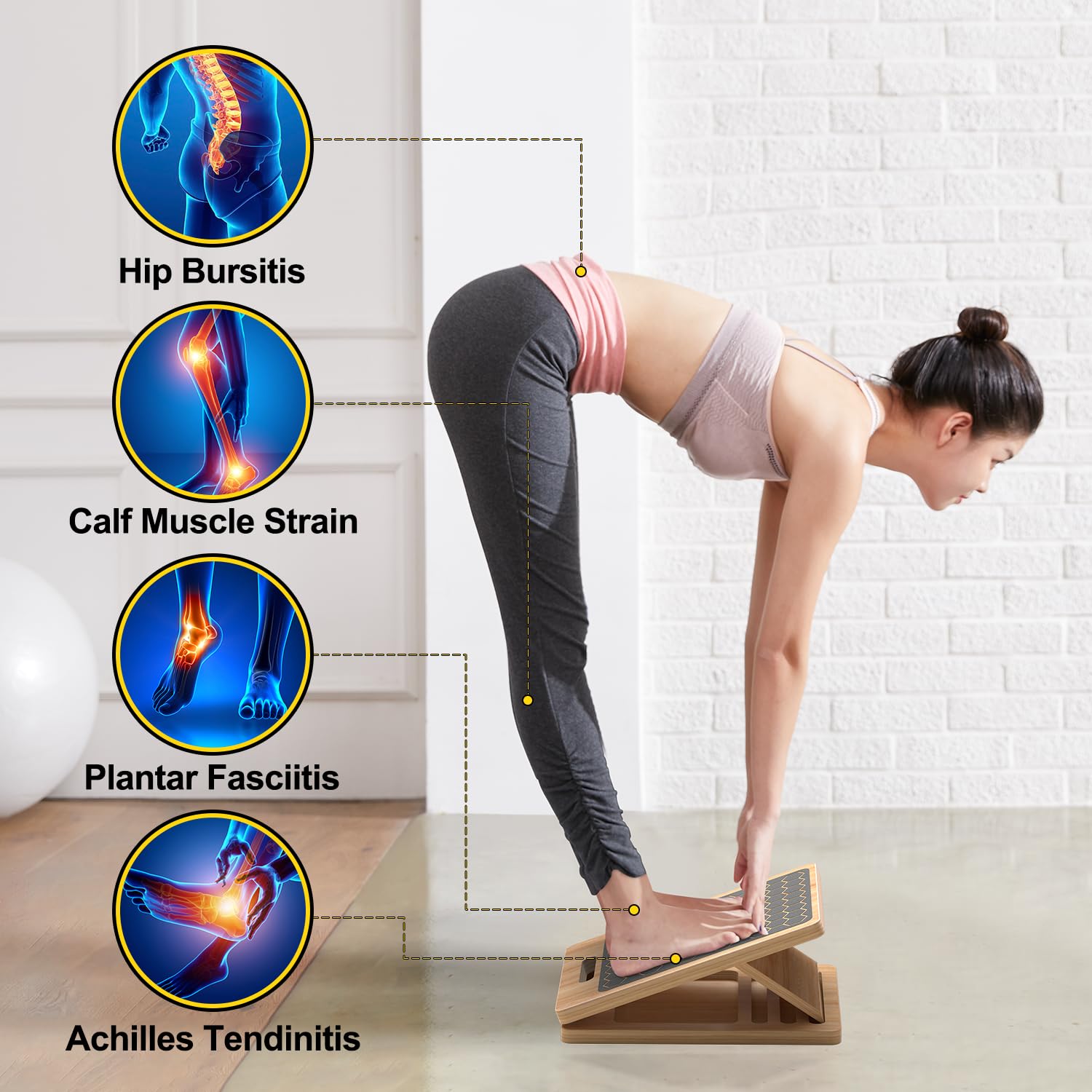 Planche inclinée en bois pour étirement des mollets, réglable et portable avec guide d'entraînement, capacité de charge de 136 kg, équipement de physiothérapie pour jambes, genoux, talons et chevilles
