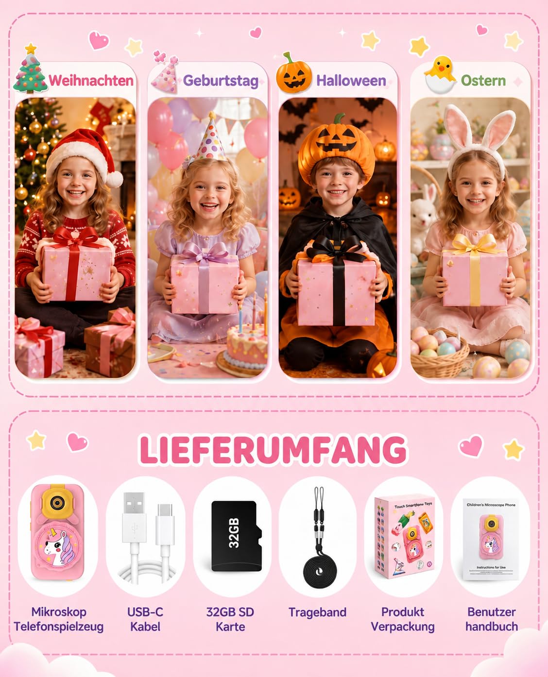 Telephone Enfant avec Microscope 100X et 32G Carte pour Filles 3-8 Ans | 100X Microscope Camera, 32G 600mAh MP3 Histoires, Ecran Tactile 2.8 Jeux ABC, Licorne Fille 3-8 Ans, Cadeau Anniversaire