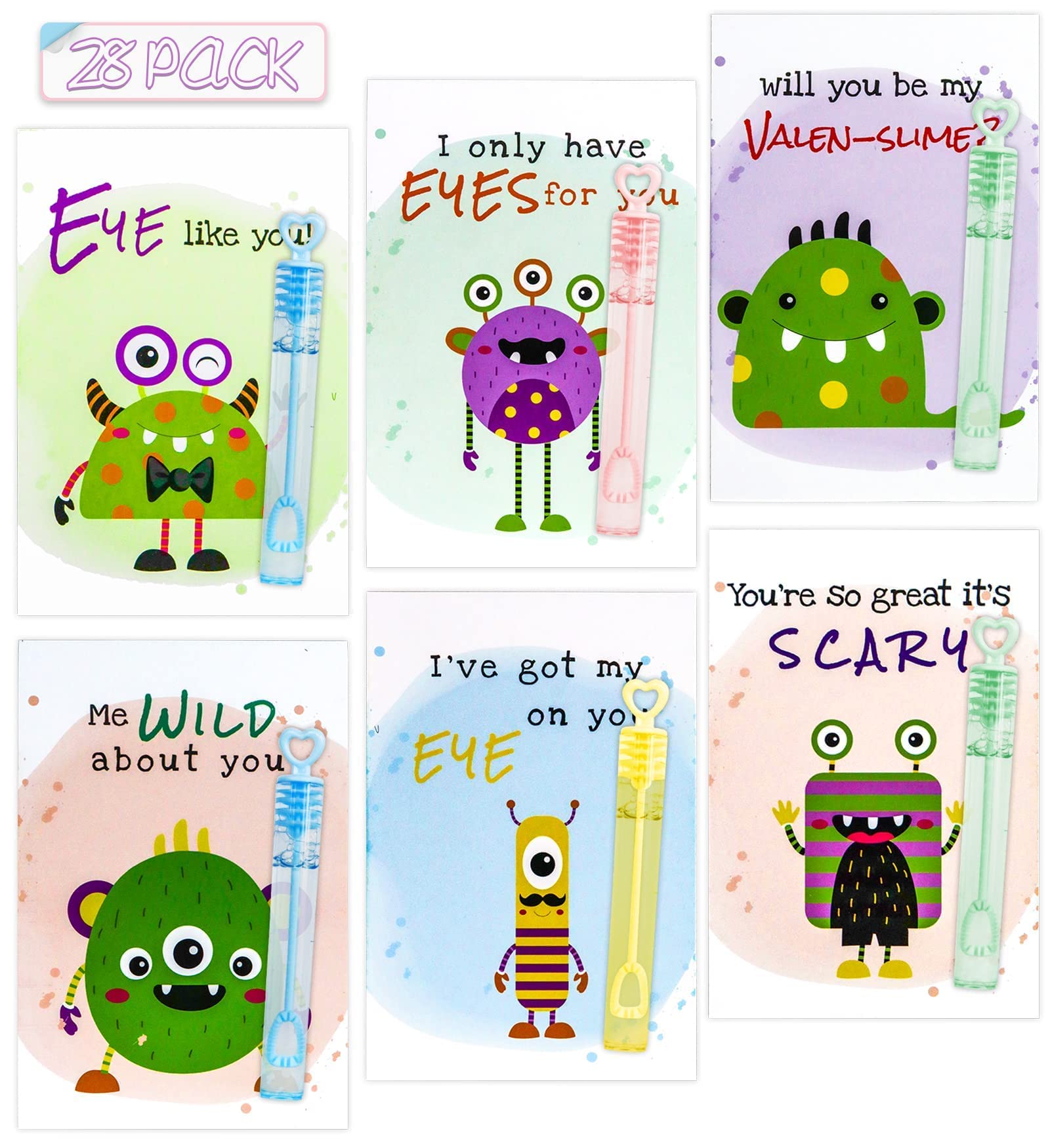 Amazon.com: 28 Pack Monster Valentines Day Card for Kid Toddler Class  Exchange Party Favor Assorted Cute Monster Valentine's Day Card with Toy  Bubble Wands School Boy Girl Non Candy Gifts for Classmate