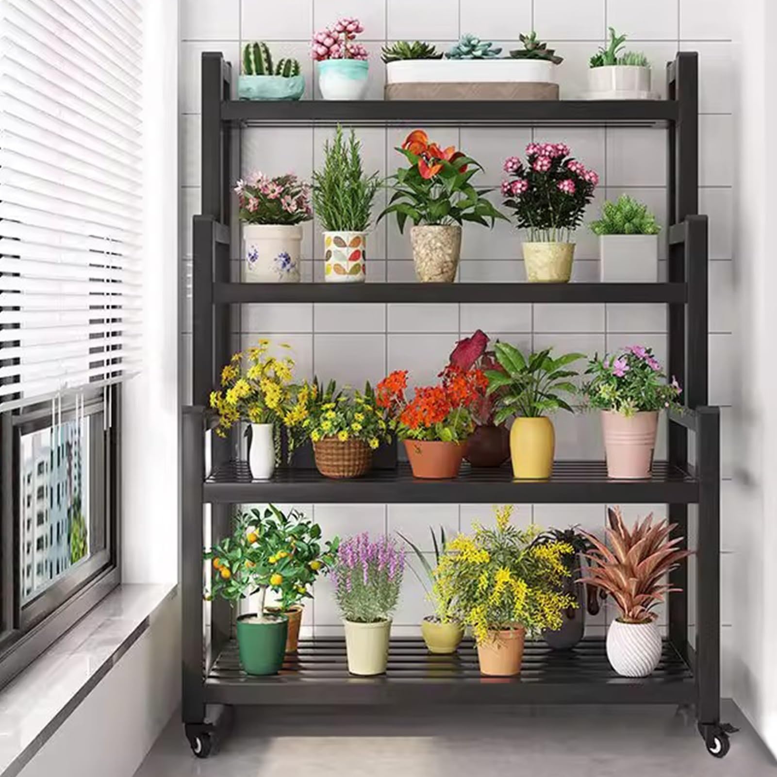 DMCHENGMA Space-Saving 4-Level Ladder Plant Shelf - Durable Metal Flower Stand with Smooth-Castor Wheels | Tiered Planter(100x40x145cm)
