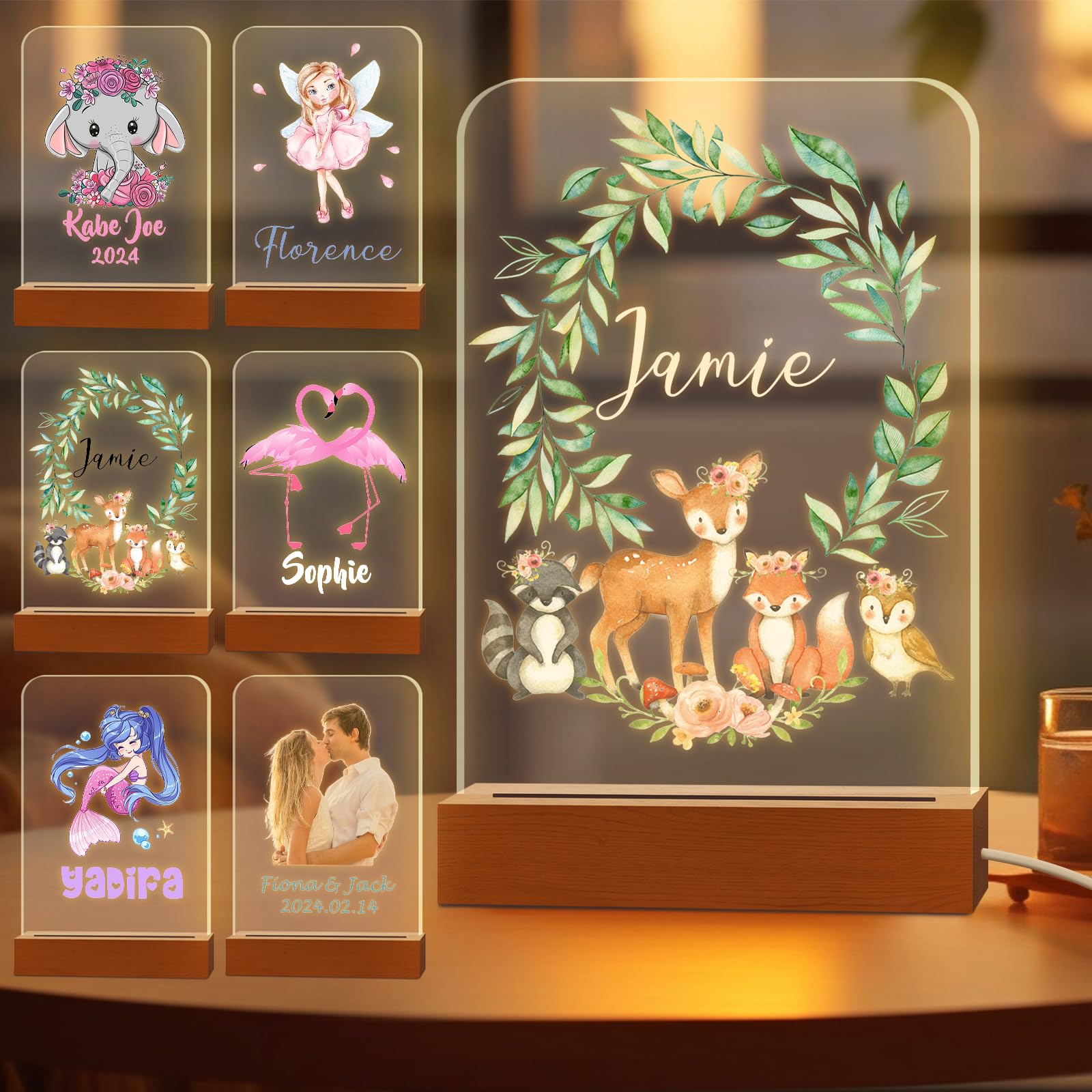 Greaxid Personalized Night Light for Kids Custom Engraved Name Acrylic LED Lights with Wood Base for Nursery Bedroom Decor Night Lamp, Customized Birthday Gifts for Boy and Girl,Deer