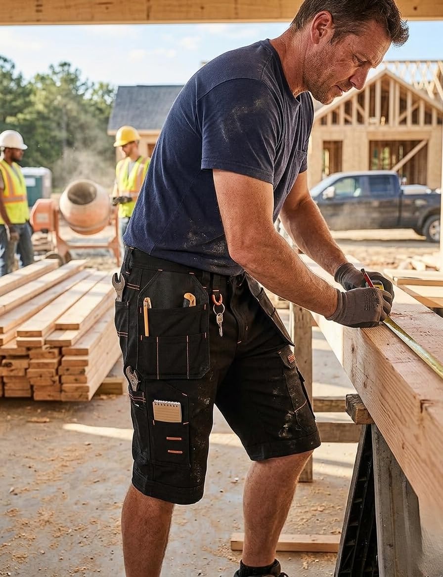 WRIGHT FITS WrightFits Holster Short de Travail Homme Noir, Gris et Kaki - Short d'été Cargo de Combat de sécurité à Usage intensif - Multi Poches - Triple Couture - Vêtements de Travail durables