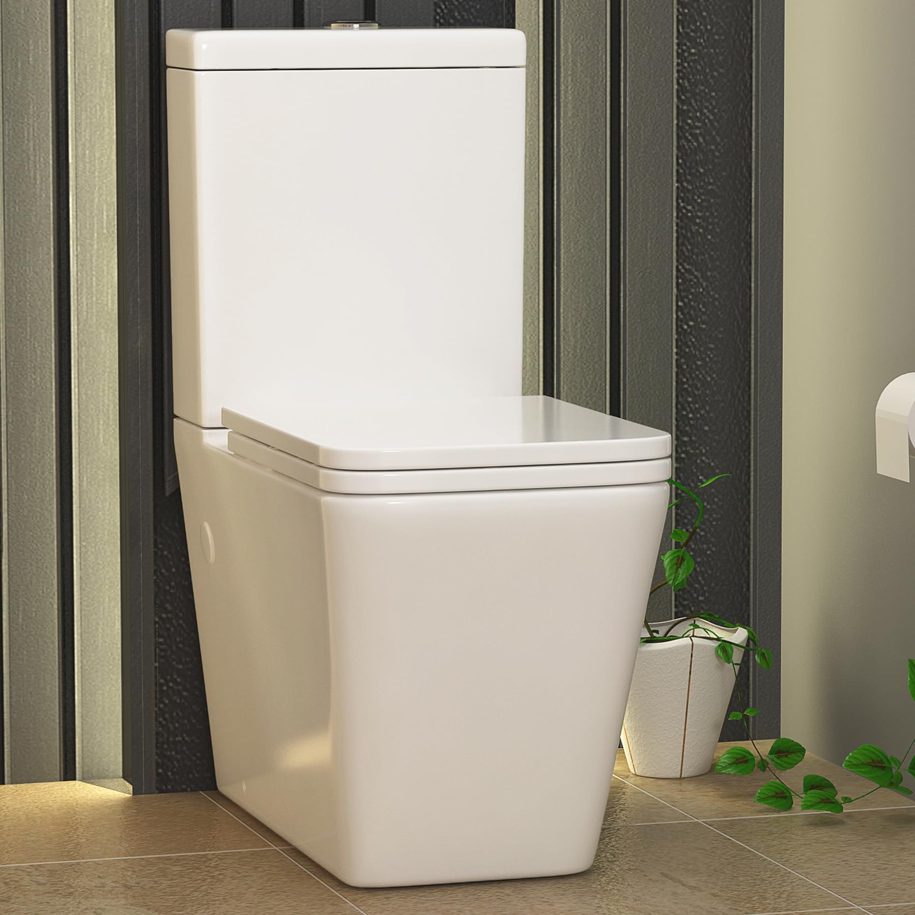 Bathroom Close Coupled WC Toilet with Soft Close Seat Ceramic Rimless ...
