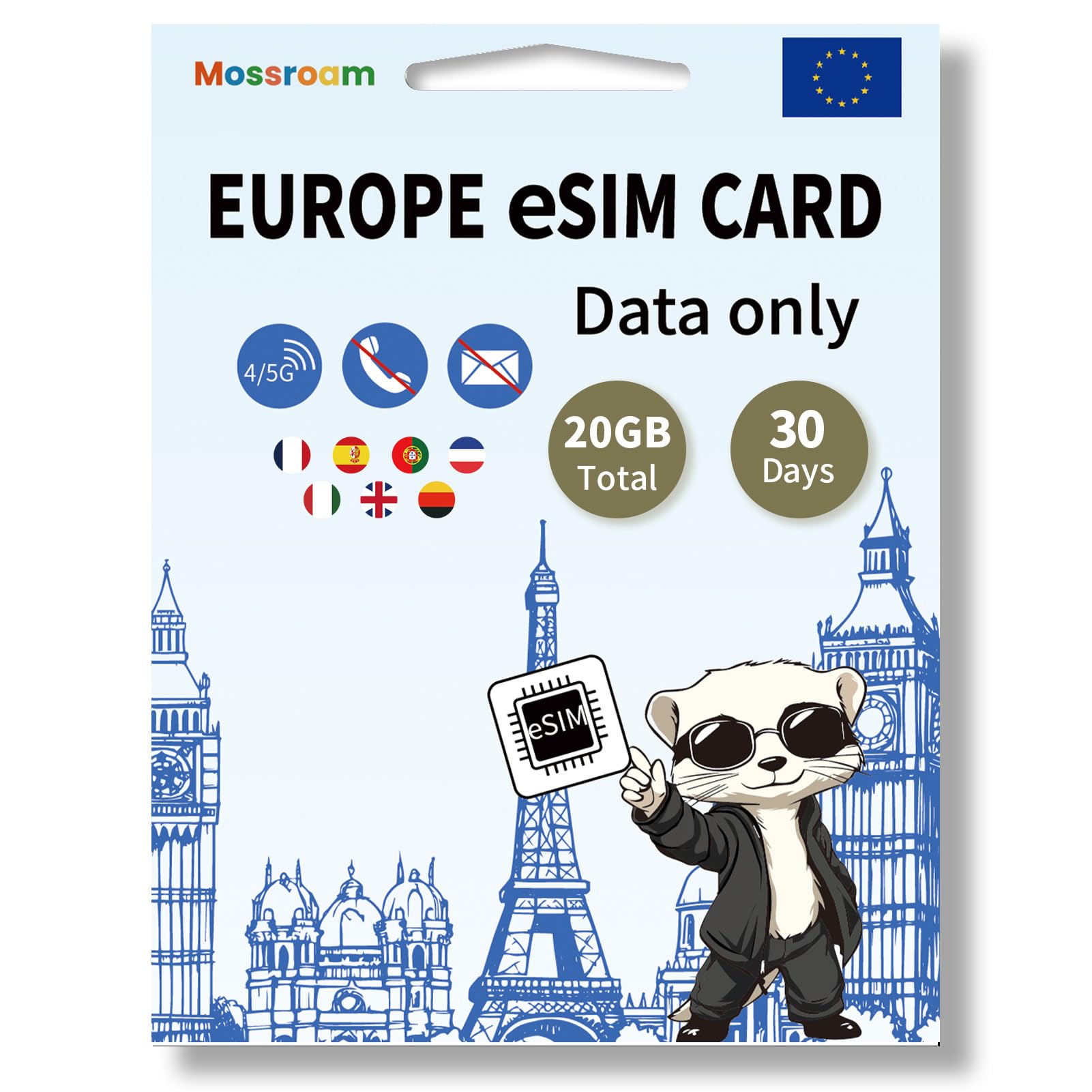 Europe eSIM Card: 20GB High-Speed Data, 30 Days Prepaid Plan for 7 Countries, Hotspot Support | Ideal for Travel UK, France, Germany, Italy & More No
