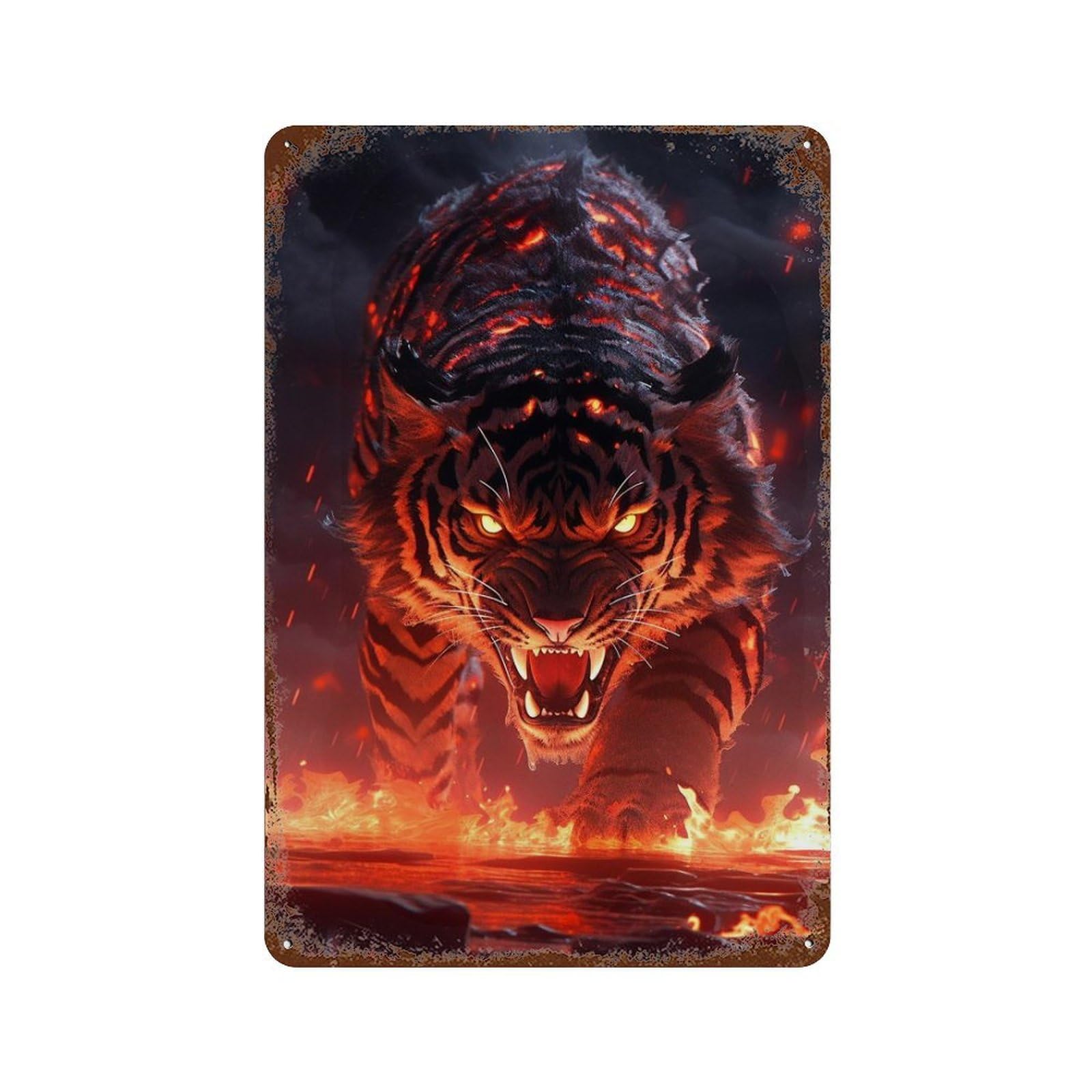 Fiery Tiger Roar Rust Effect Tin Sign 11.8"x7.9", Vintage Wall Decor for Pub, Kitchen And Man Cave Decor