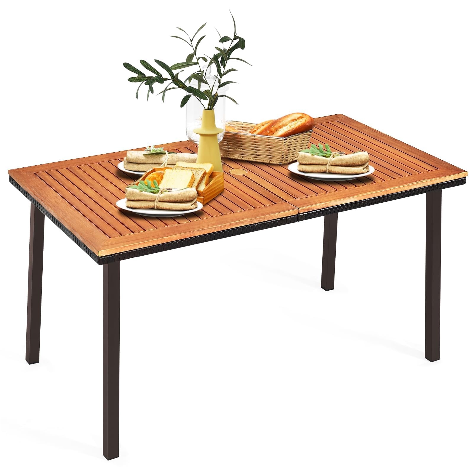 RELAX4LIFE Tavolo da Giardino in Legno di Acacia con Foro Ombrellone 6 cm, Gambe in Metallo, per 6 Persone, Design a Doghe per Esterno, Terrazza, Patio, Portata 50KG (140x75x76cm, Rettangolare)