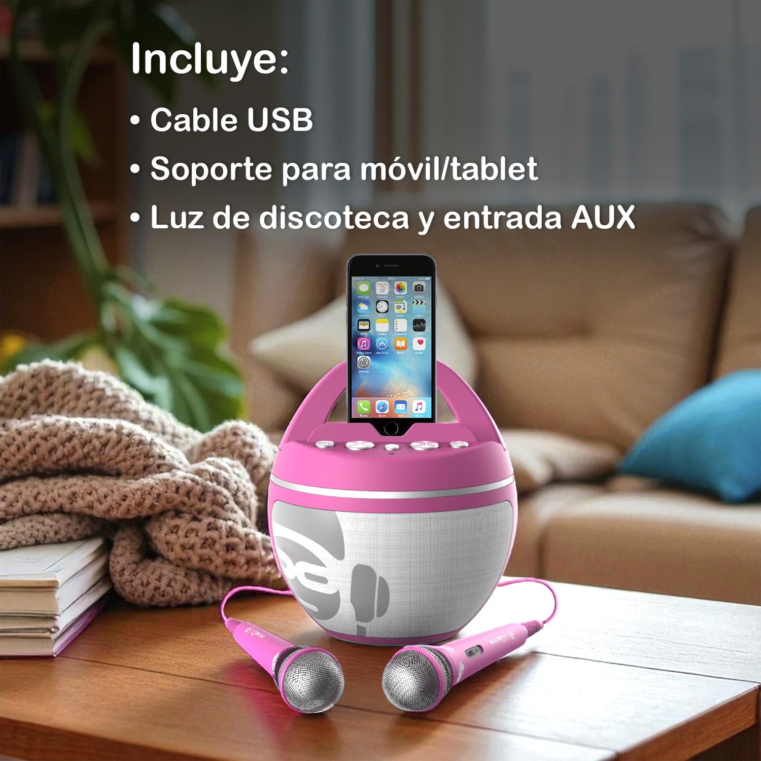 Cefa Toys - iDance Speaker Karaoke Party Ball - Color Rosa - Altavoz Karaoke Bluetooth con 2 Micrófonos Inalámbricos y Luces de Discoteca - 40W Portátil con Batería Recargable - Soporte para Móvil y T