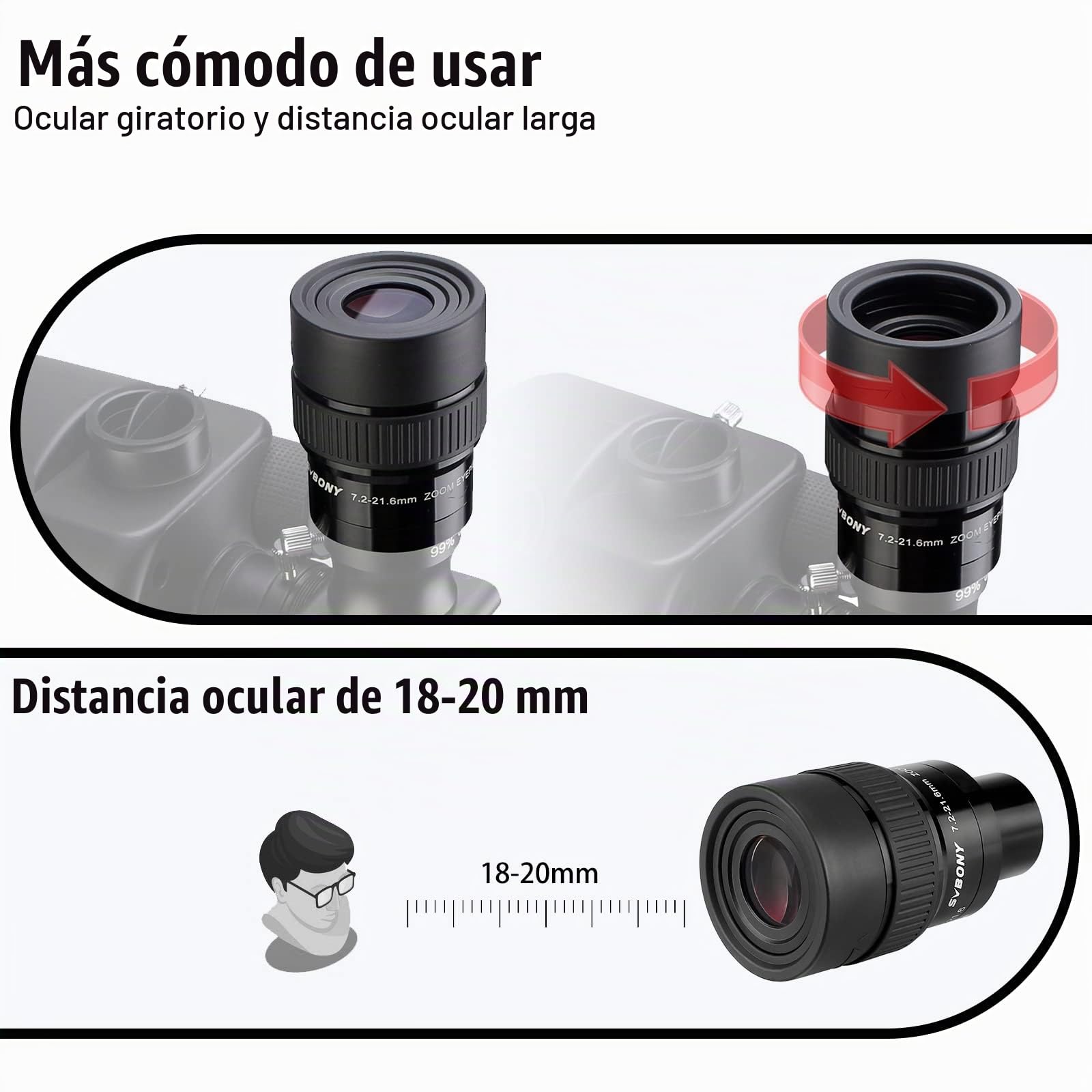 Svbony SV191 Telescopio Ocular Zoom 7.2-21.6mm, Parfocal 1.25 FMC Ocular | FMC Astronómico Super Gran Angular Telescopio Ocular, para Telescopio Astronómico