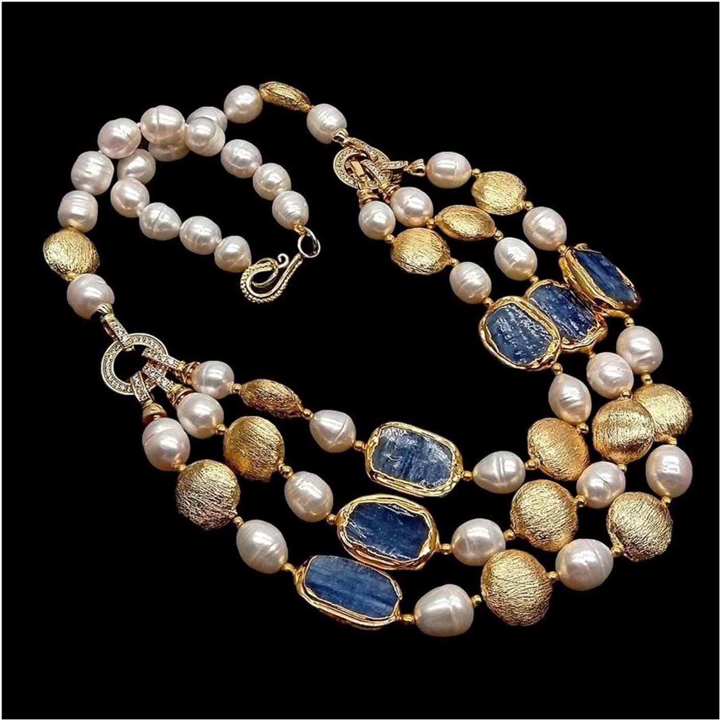 3 Strands Cultured White Rice Freshwater Pearl Blue Kyanite Rectangle Choker Necklace 20" Office Style Handmade for Women