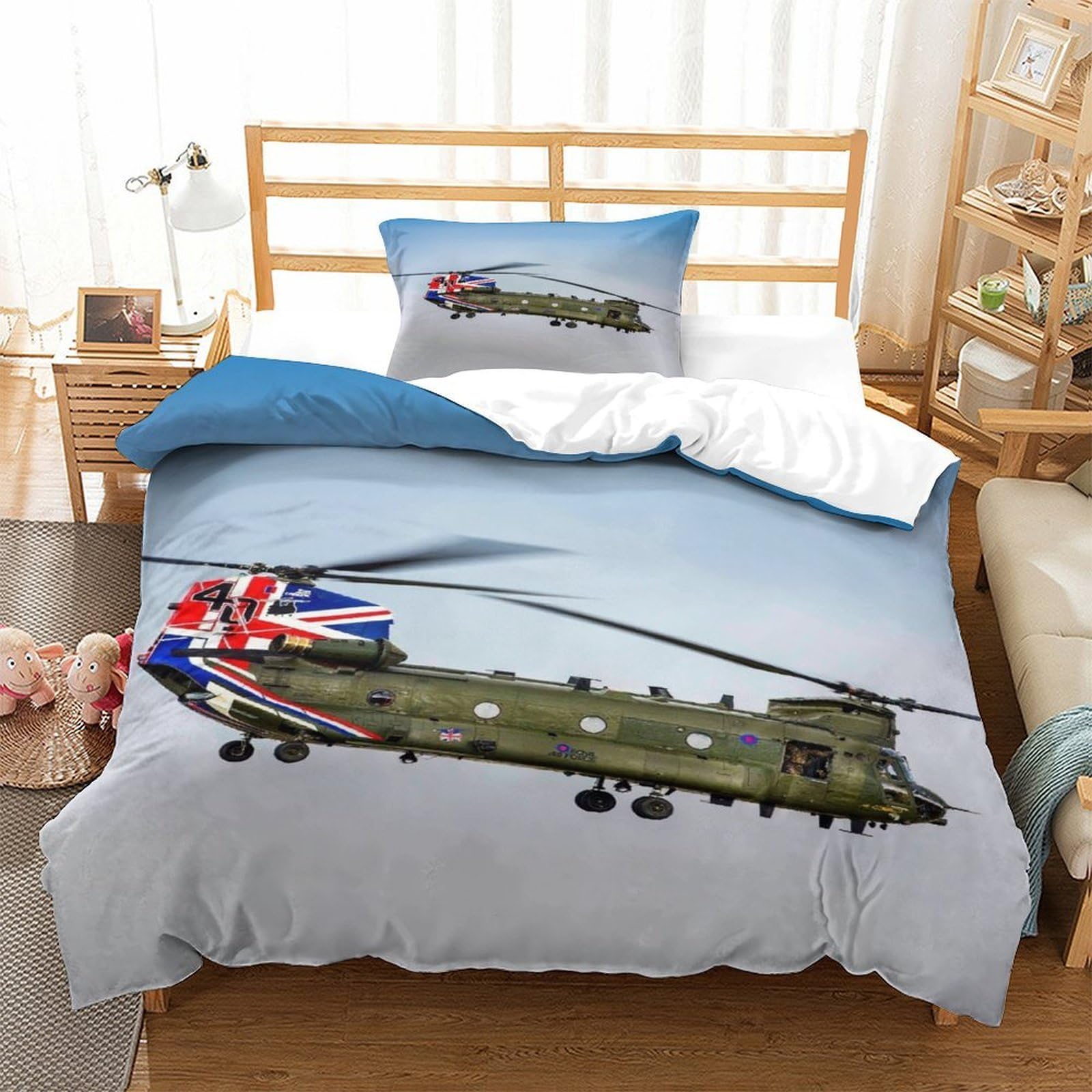 Breathable Chinook With The Union Jack Design Duvet Cover Set with Hidden Zipper, Single（135x200cm） Military Helicopter Quilt Cover Set with Pillowcases, Soft Microfiber Bedding Set Military Helicopt