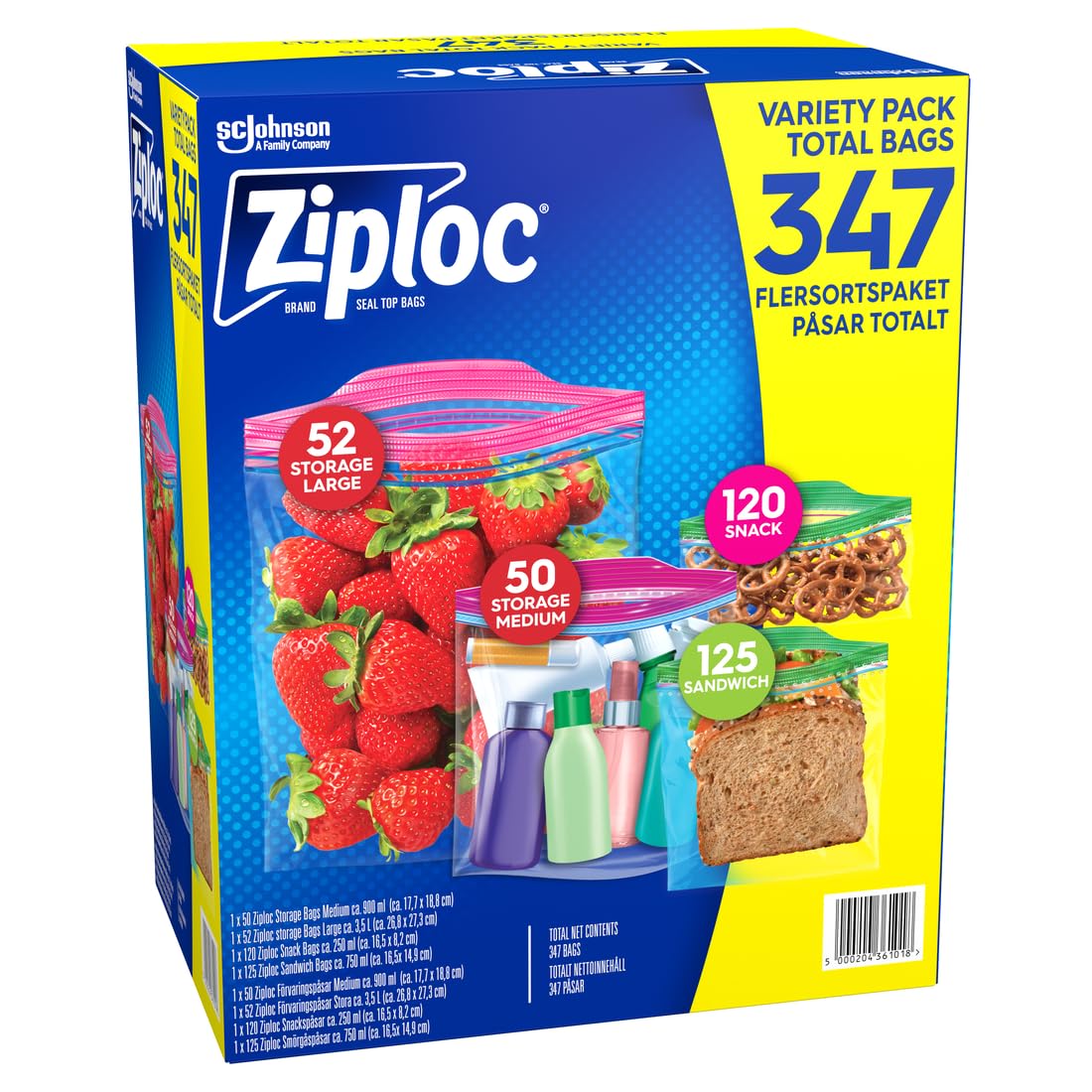 Ziploc Bolsas de almacenamiento para congelador, paquete variado, 347 bolsas
