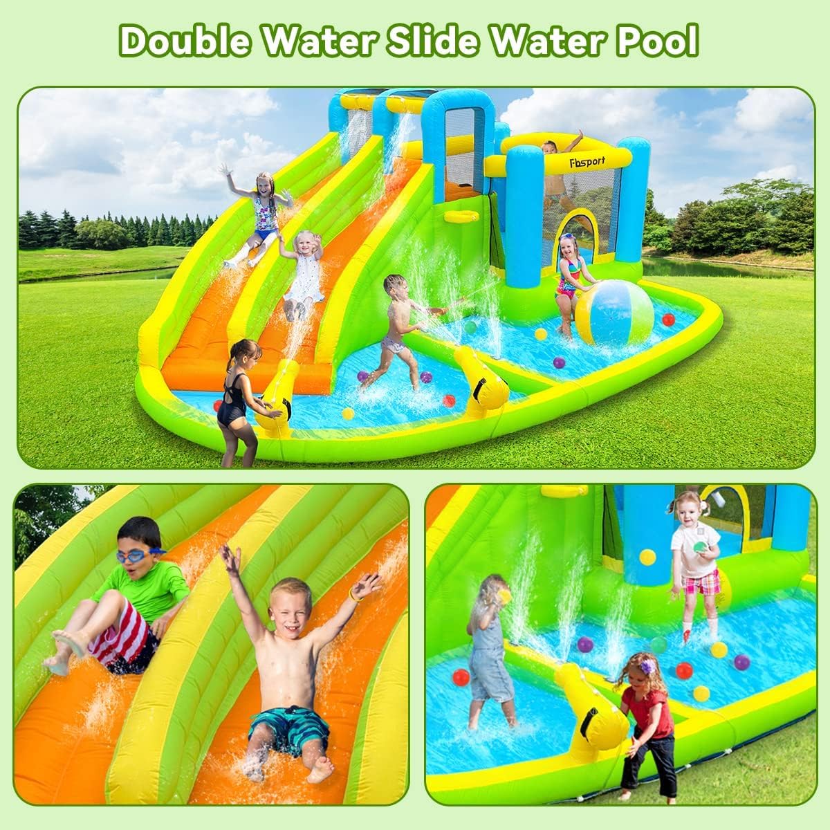 FBSPORT Castillo Hinchable Grande con Ventilador para niños Grandes tobogán seco y de Agua, Adecuado para niños, Castillo Children's Bouncy para Uso Interior o Exterior