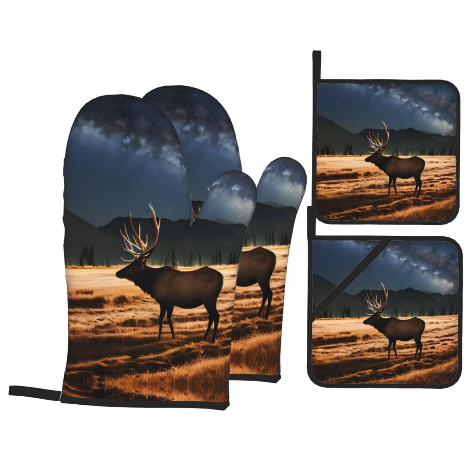 YYHHAOFA Elk in the meadow Prints Kitchen Baking Set with Heat Resistant Pot Holders & Oven Mitts - Waterproof Layers for Cooking, Grilling & Serving, Includes Pocket Layer