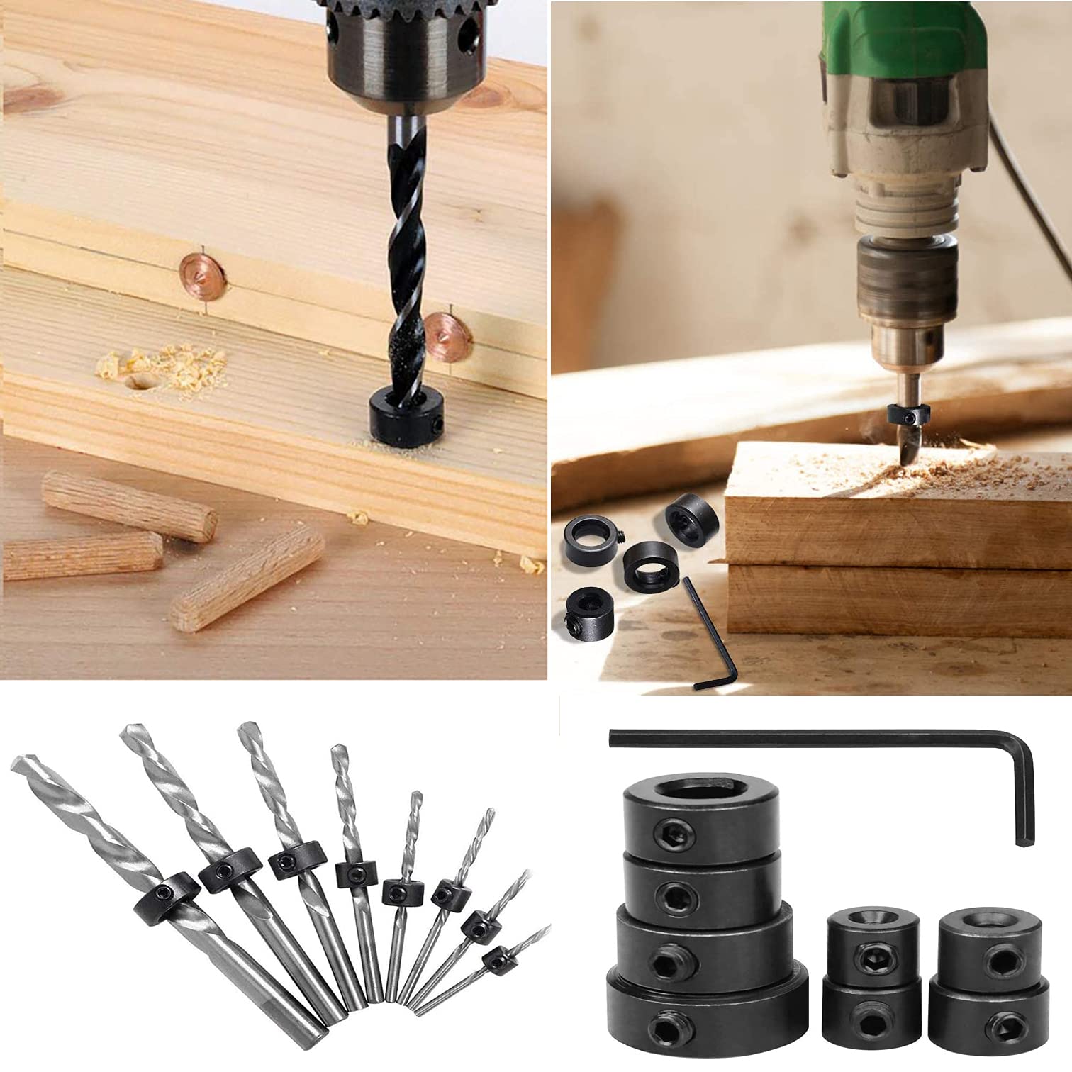 9 Pezzi Set di Punte per Trapano ad Anello di Arresto Della Profondità del Trapano, Localizzatore del Limitatore di Profondità con Chiave Esagonale (3/4/5/6/8/10/12/16 mm)