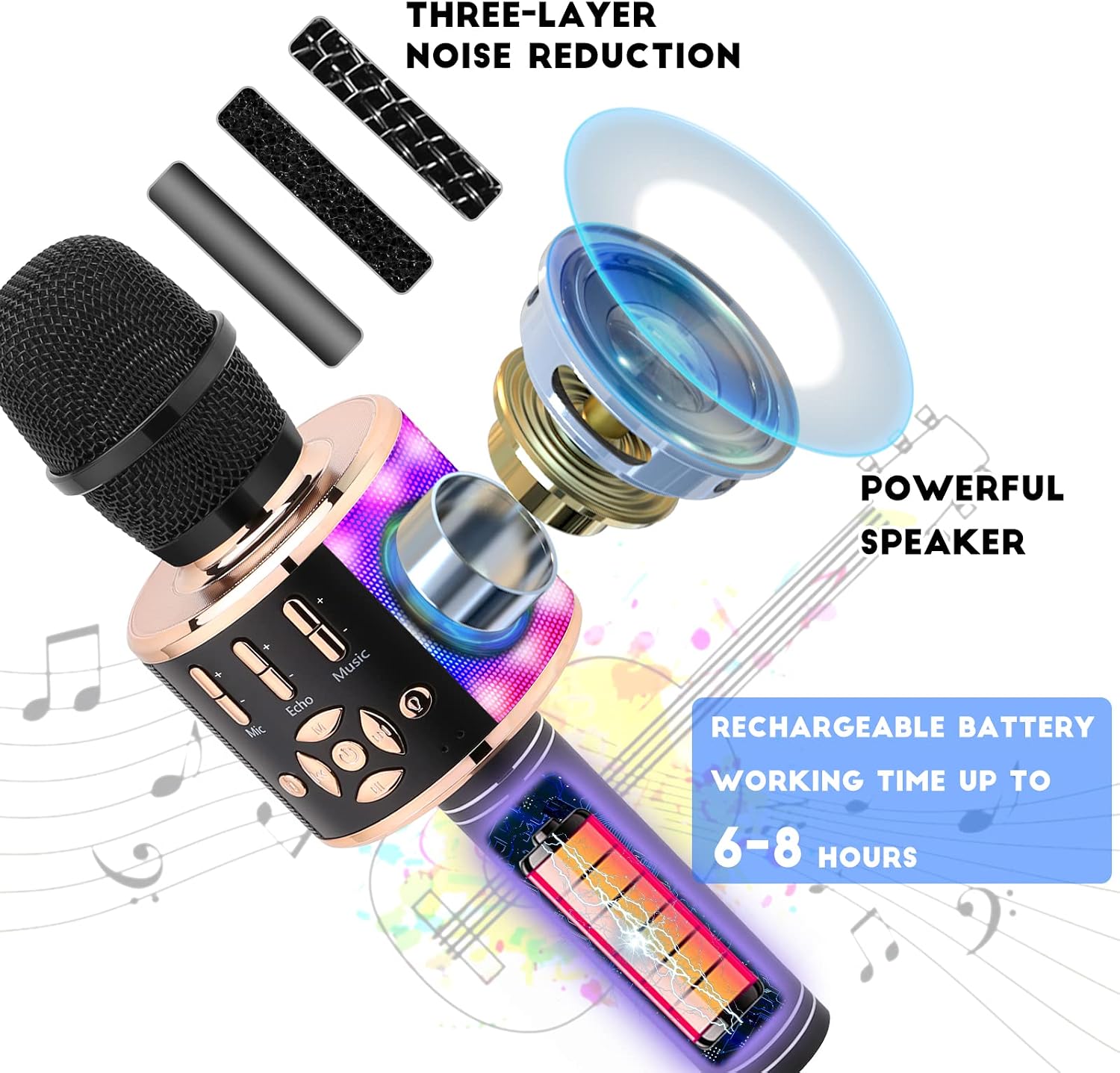 Ankuka Karaoke Wireless Microphone Bluetooth for Kids, Portable 4 in 1 Karaoke Machine with LED Lights, Christmas Home, Birthday Party Toys Gifts for Girls, Boys and Adults (Black Gold)