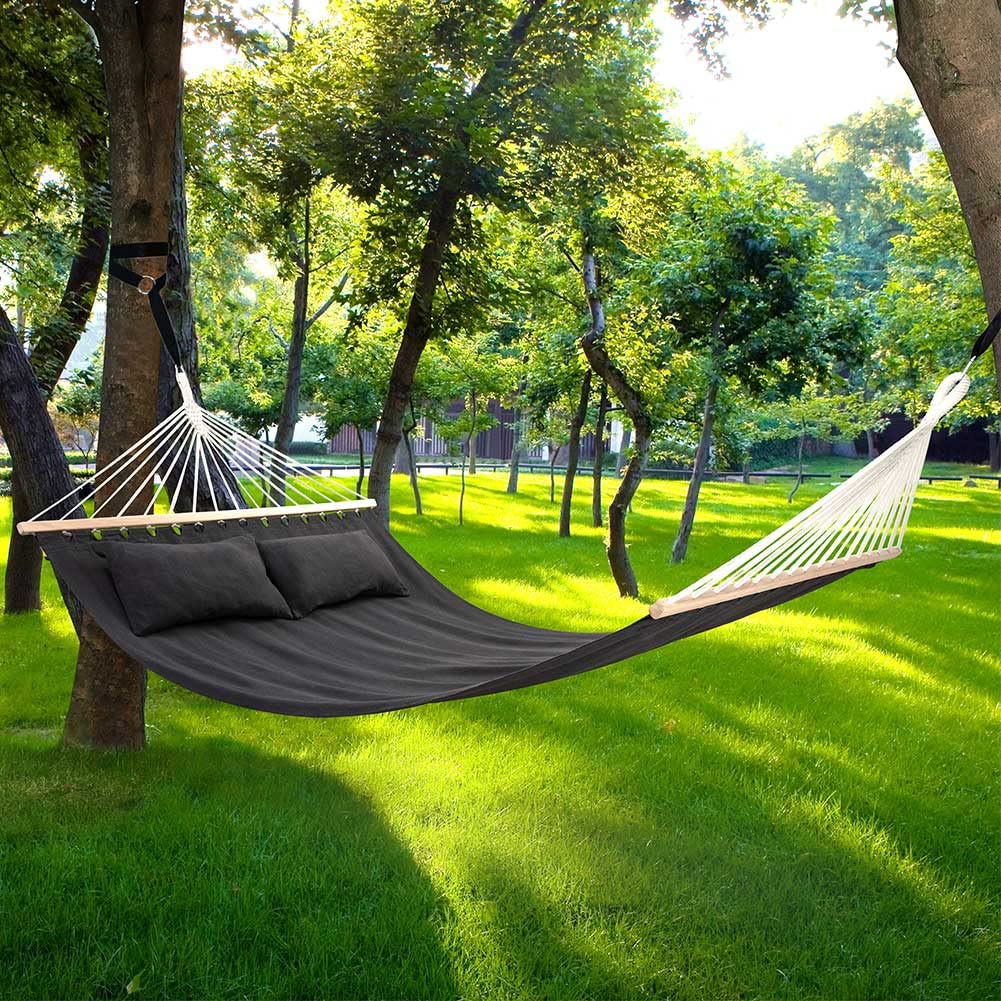 Bakaji Amaca da Giardino Doppia 2 Posti 232 x 148 cm Barre Trasversali in Legno Rivestimento in Poli Cotone con 2 Cuscini e Cinghie Design Moderno Antracite
