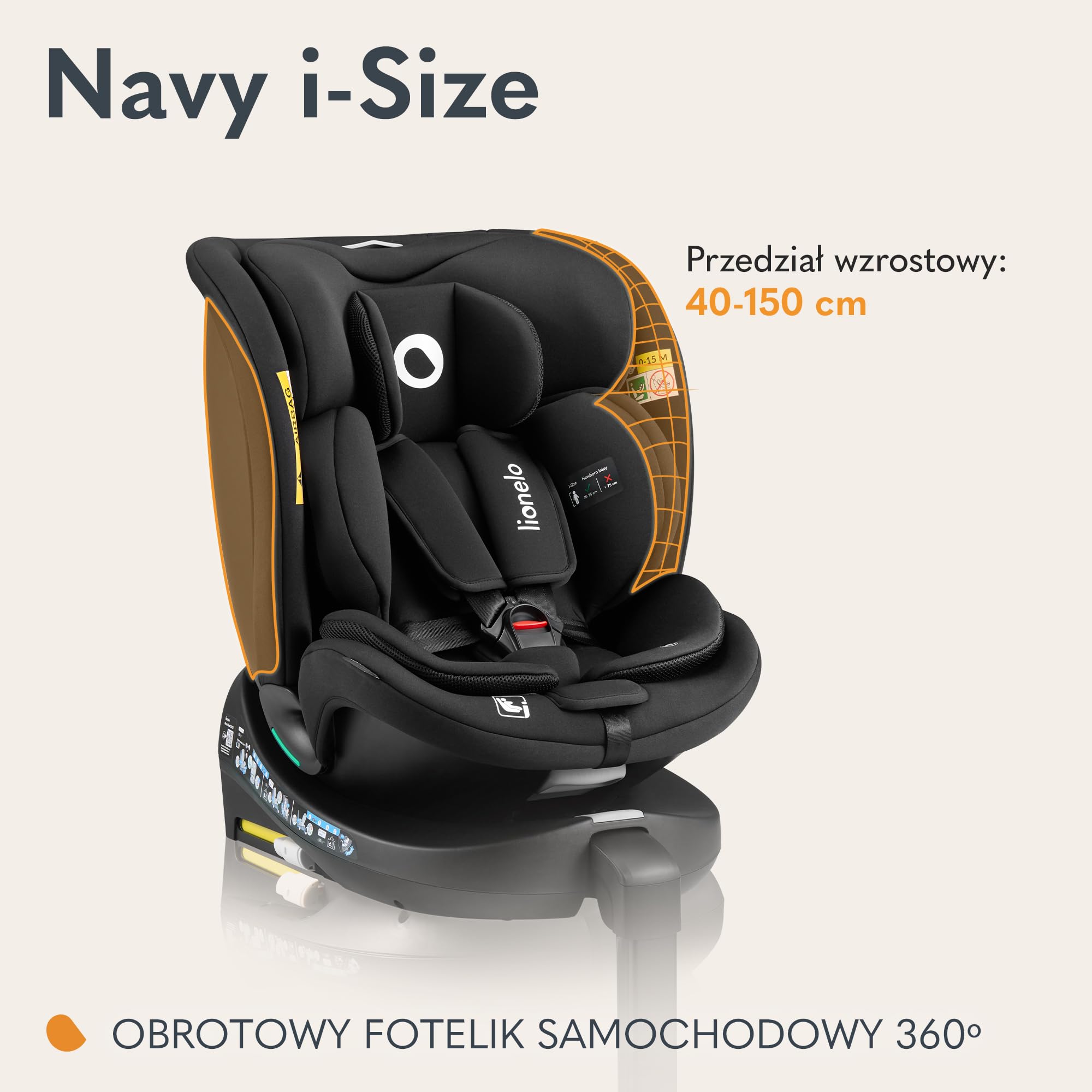 LIONELO NAVY i-Size Fotelik Samochodowy Obrotowy 360° Dziecięcy 40-150 cm Grupa 0+1 2 3 Montaż Przód i Tył ISOFIX i Noga Stabilizacyjna Regulacja Zagłówka i Oparcia Wkładka Dri-Seat (czarny) | Montaż skierowany do przodu i do tyłu, ISOFIX i podnóżek, regu