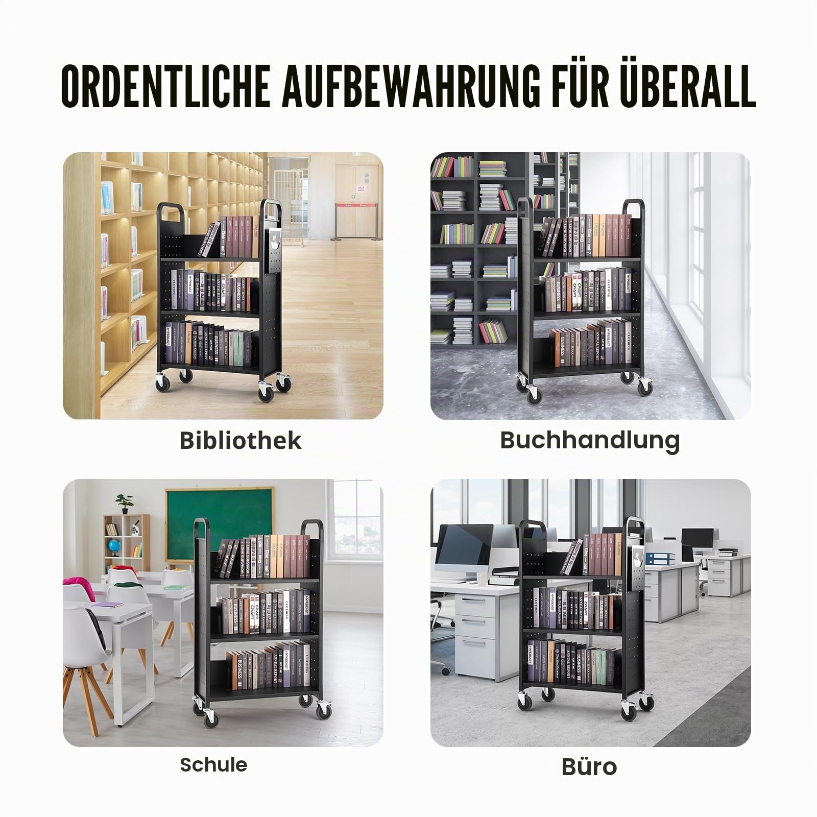 VEVOR Bibliothekswagen 790 x 385 x 1250 mm Abräumwagen 3 Regale Bücherwagen Kohlenstoffstahl + kaltgewalzte Stahlplatte Servierwagen 150 kg Gewichtskapazität (50 kg pro Regal) inkl. 2 Buchstützen