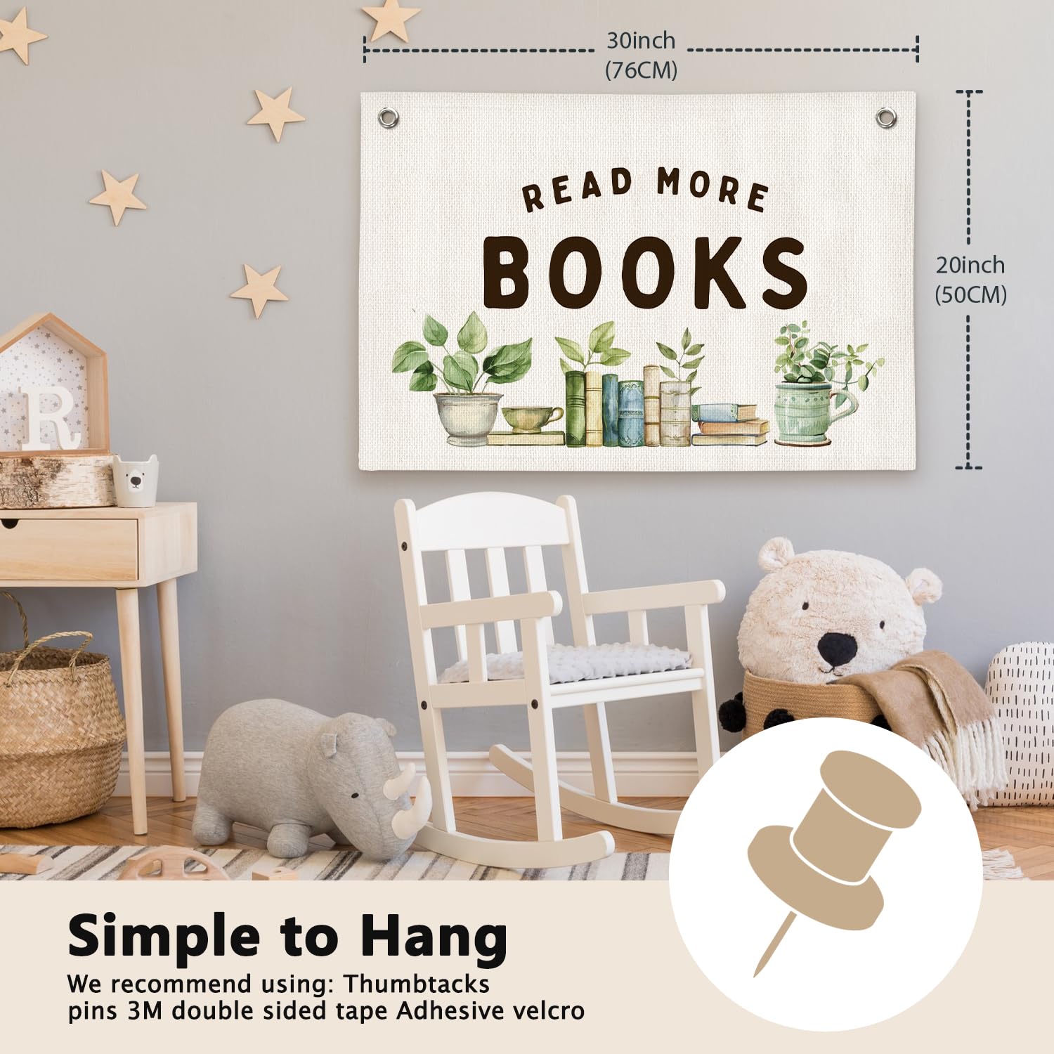 ETVISO Read More Books Botanical Reading Room Decor - Linen Banner Wall Hanging Canvas Banner Flag Decor for Kids Nursery Toddler Reading Corner Nook Classroom Library